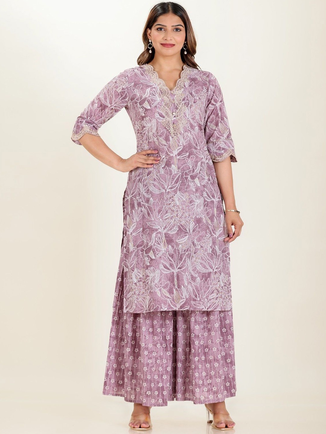 

Aramya Floral Printed Pure Cotton Kurta With Sharara, Purple