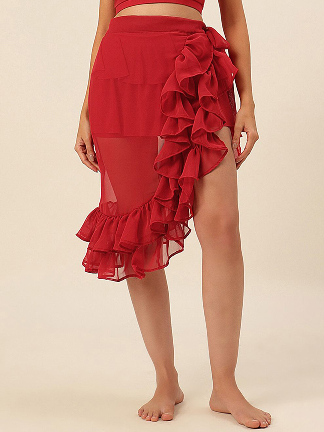 

CUKOO Comfort Fit Light Weight Ruffled Georgette Swimwear Cover Up Sarong, Red
