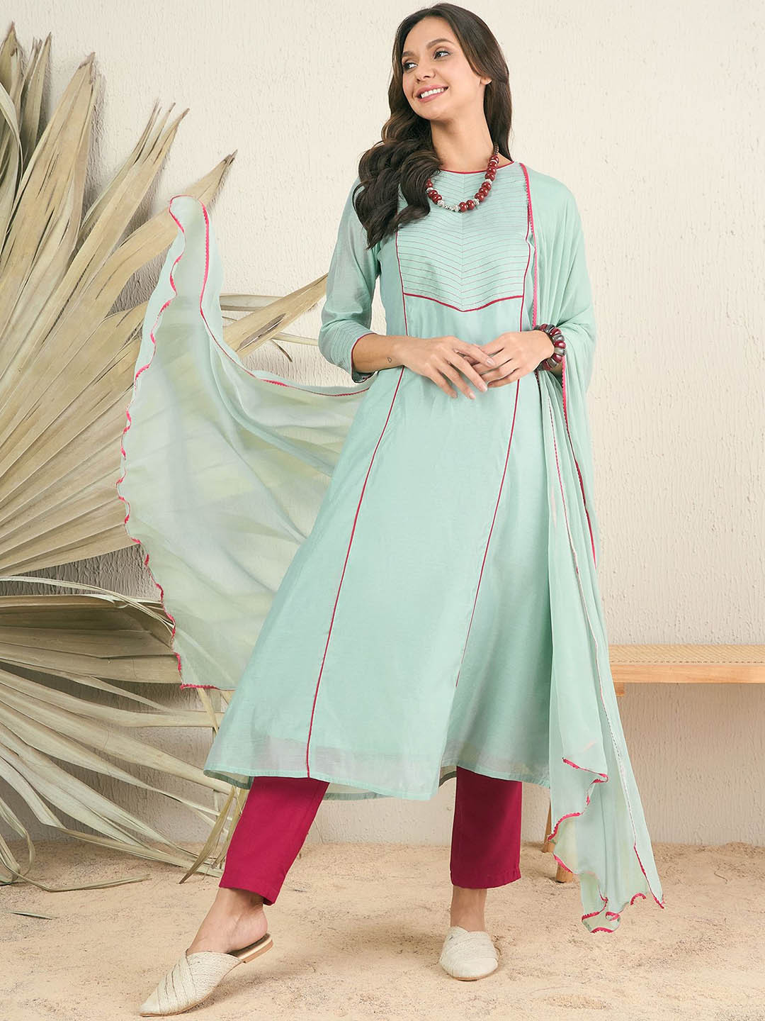 

MASSTANI BY INDDUS Yoke Design Panelled Chanderi Cotton Kurta With Trousers & Dupatta, Green