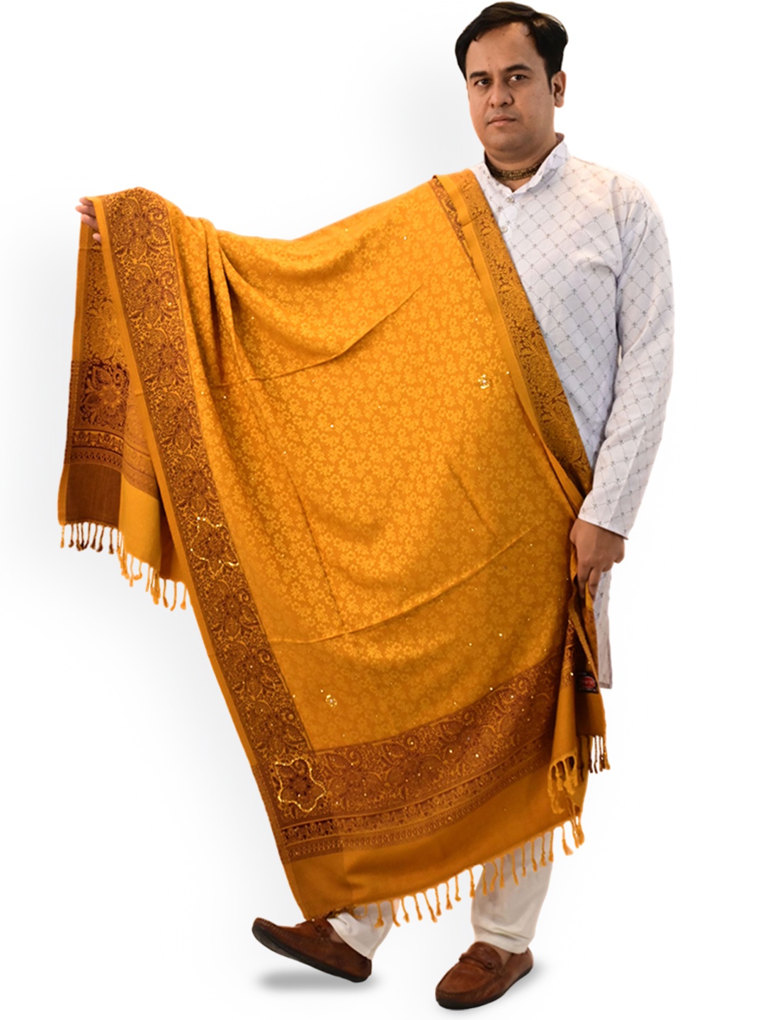 

Vrinde Ethnic Motifs Embroidered Woollen Shawl, Yellow