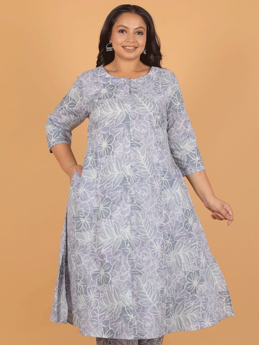 

Aramya Floral Printed Cotton A-line Kurta, Grey