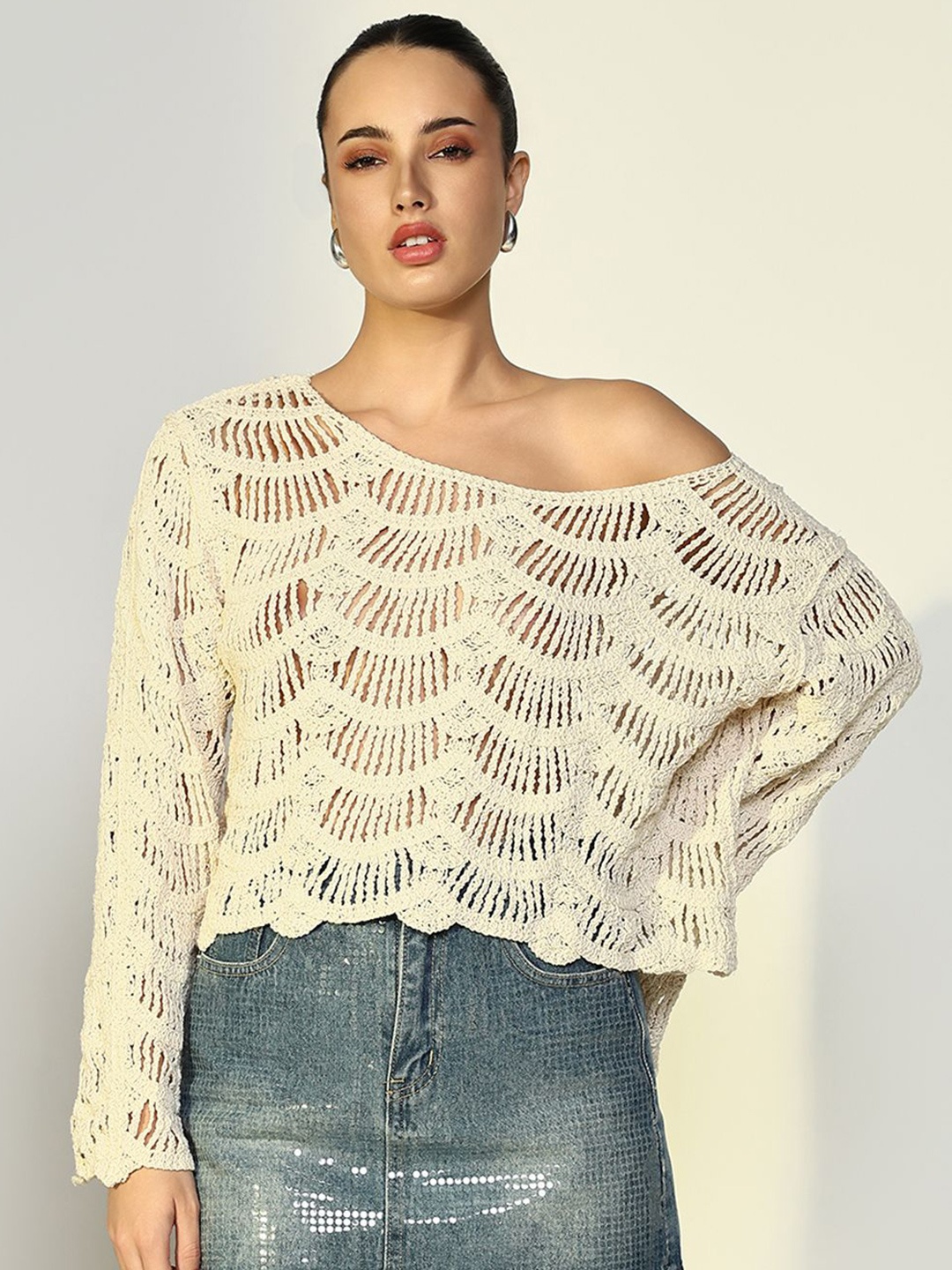 

SHOWOFF Women Round Neck Crochet Long Sleeves Top, Cream