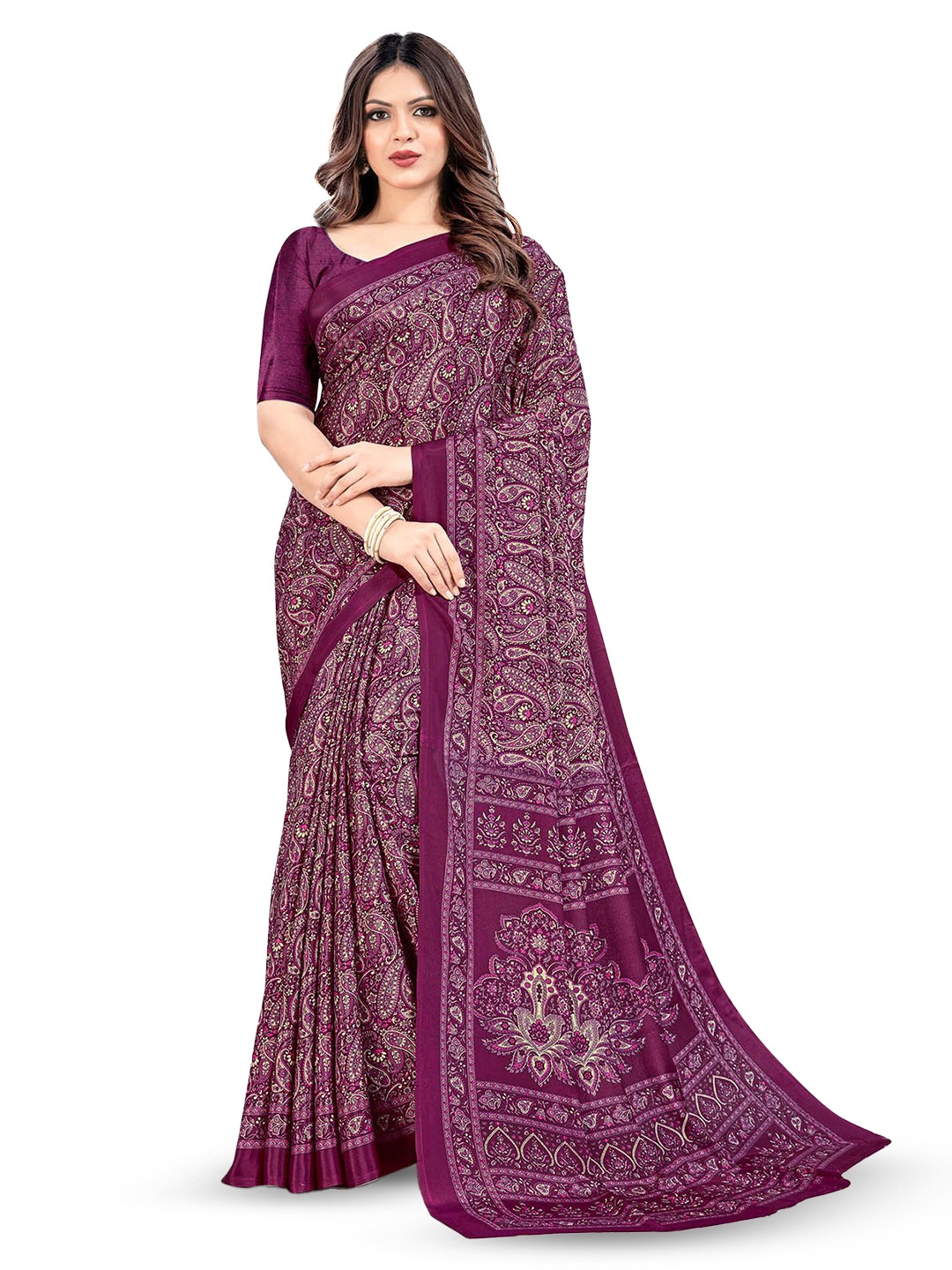 

Navvi Ethnic Motifs Poly Crepe Saree With Blouse Piece, Purple