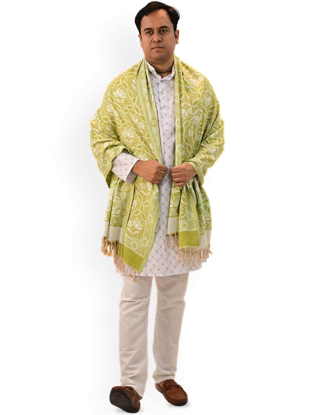 

Vrinde Floral Printed Woollen Shawl, Green