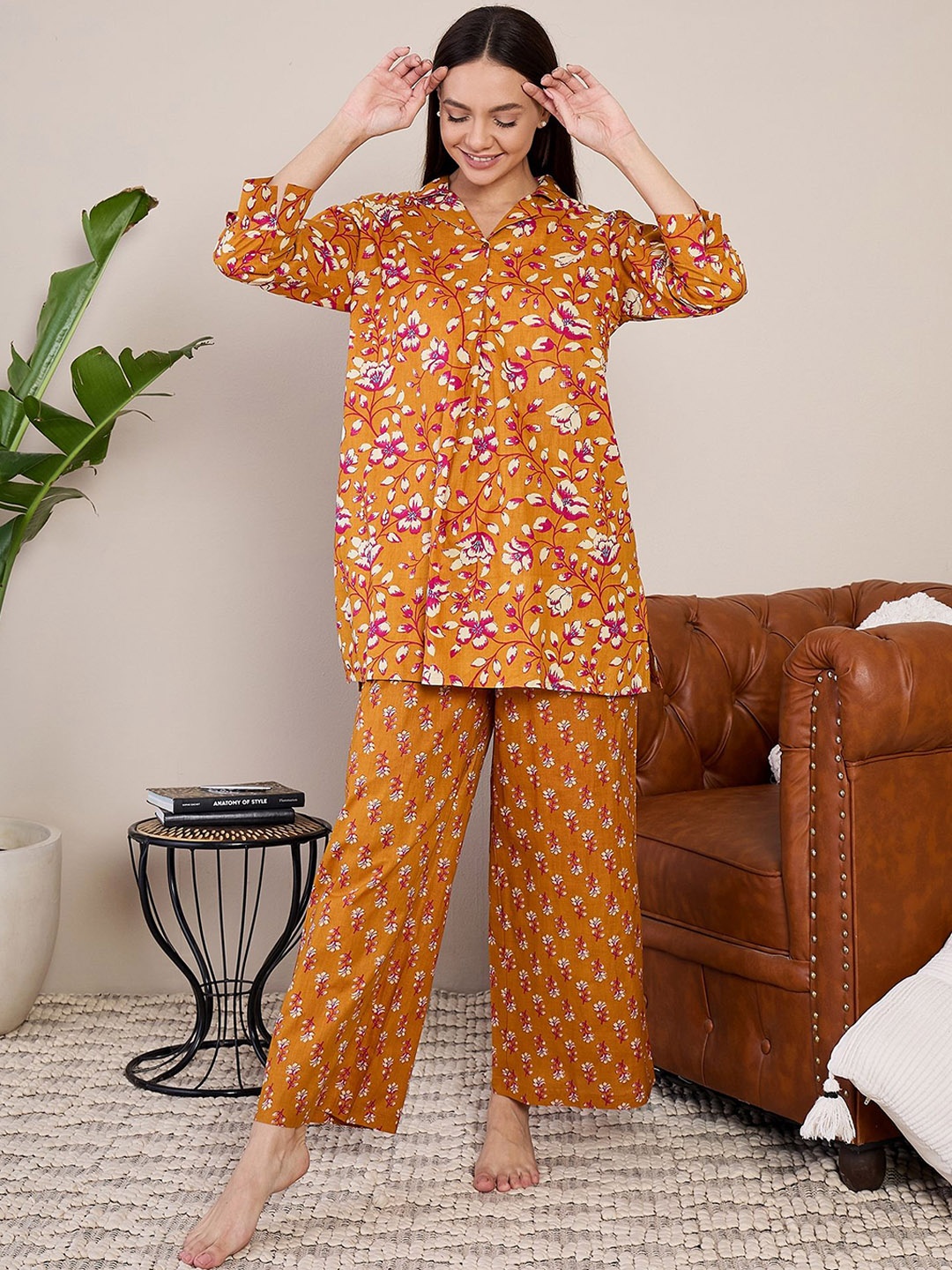 

July Women Pure Cotton Floral Printed Night Suit, Brown