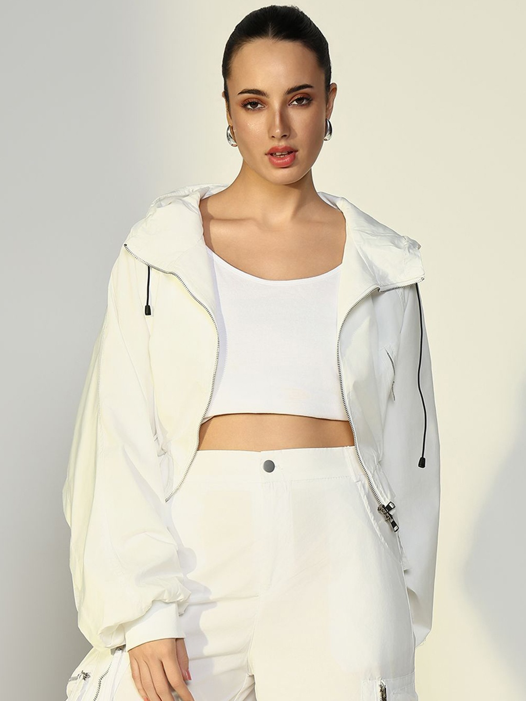 

SHOWOFF Women Windcheater Crop Bomber Jacket, White