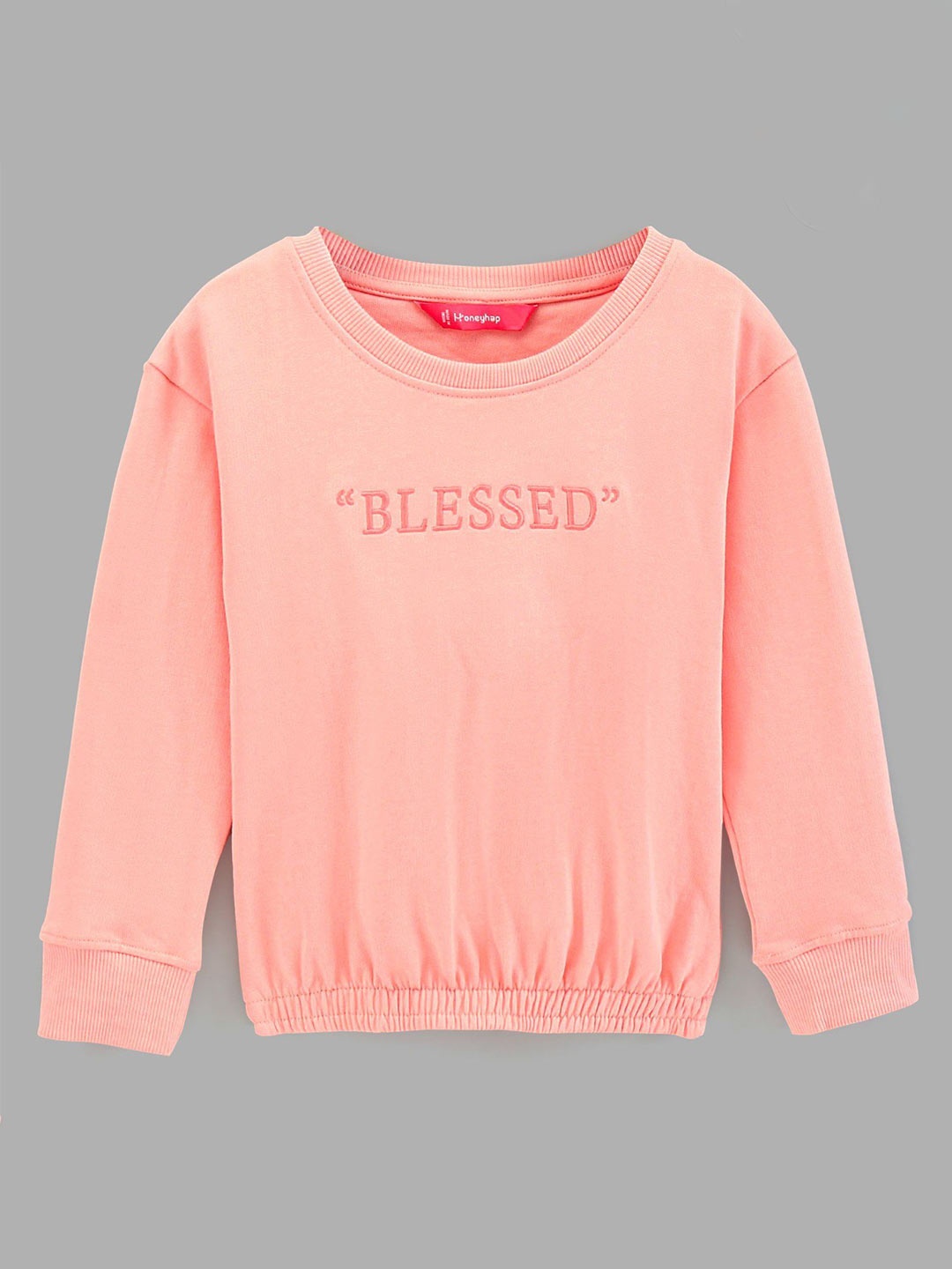 

Honeyhap Girls Typography Printed Cotton Sweatshirt, Peach