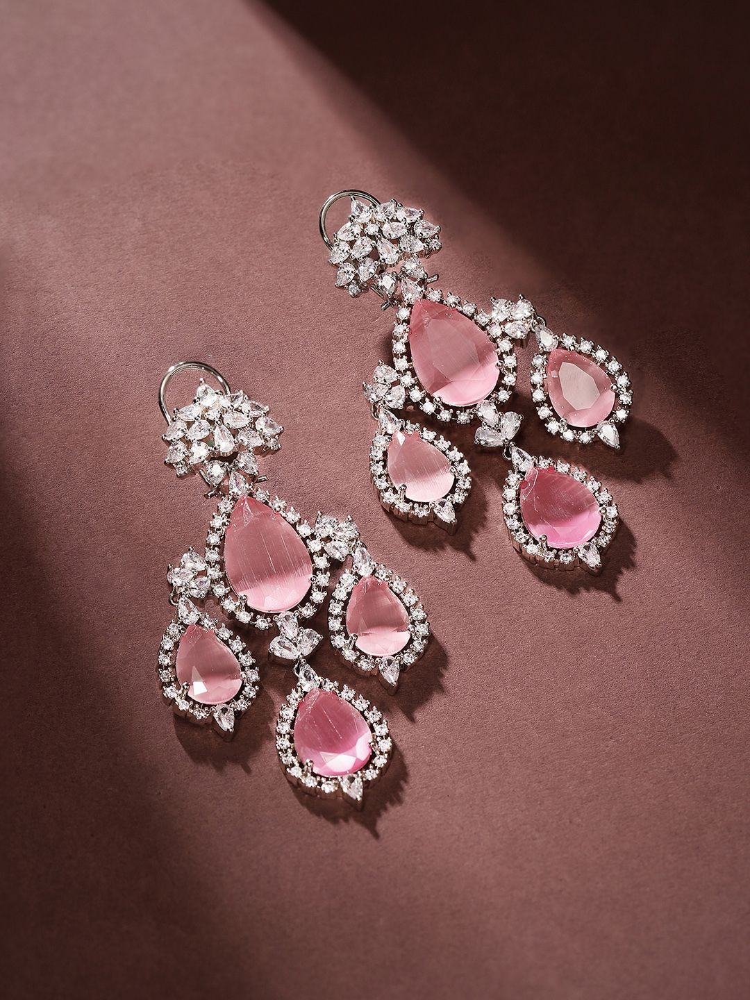

Priyaasi Silver-Plated American Diamond-Stone Studded Teardrop Shaped Drop Earrings