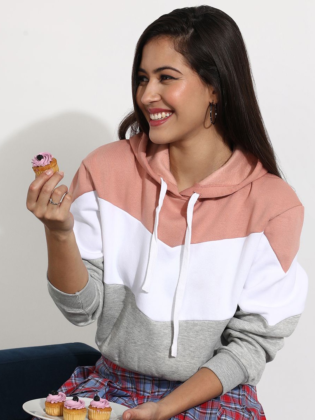 

Campus Sutra Women Colourblocked Cotton Hooded Sweatshirt, Peach