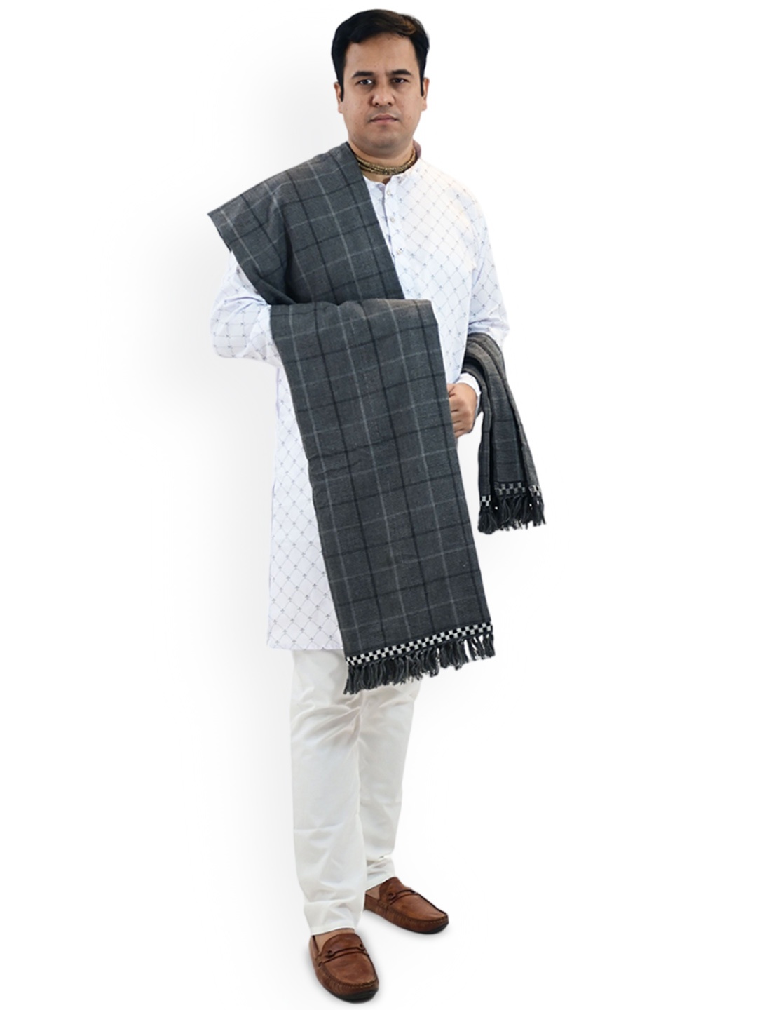 

Vrinde Checked Printed Woollen Shawl, Grey