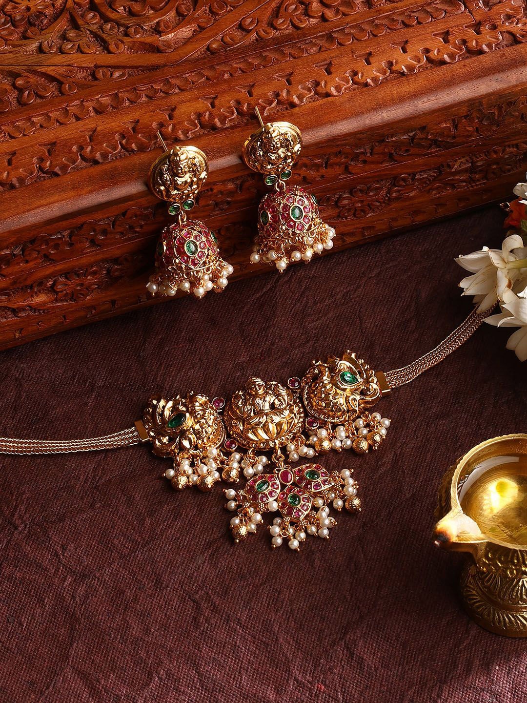 

Priyaasi Gold-Plated Stone-Studded Lakshmi & Twin Peacock Temple Chocker Jewellery Set