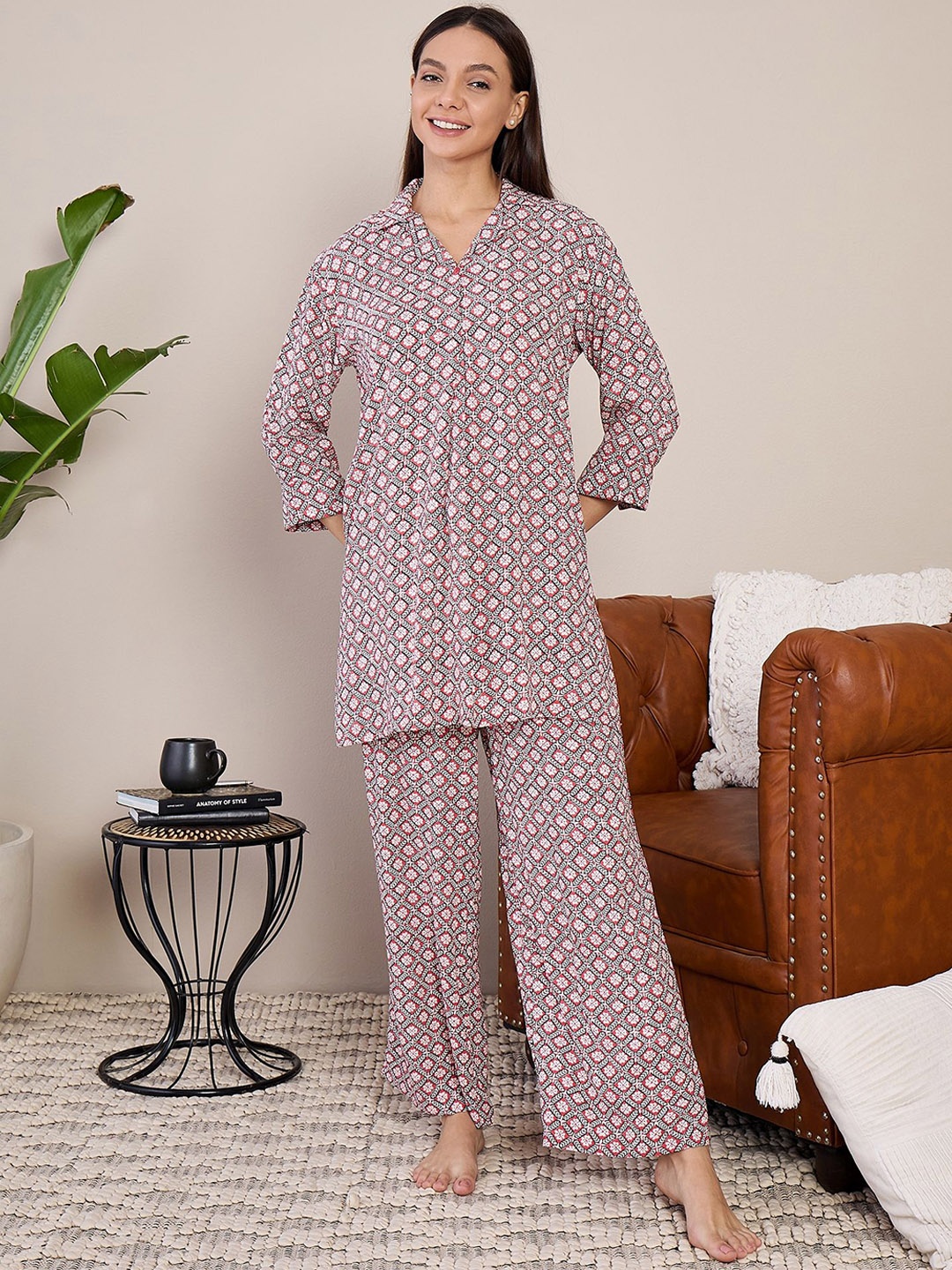

July Women Ethnic Printed Pure Cotton Night suit, Red