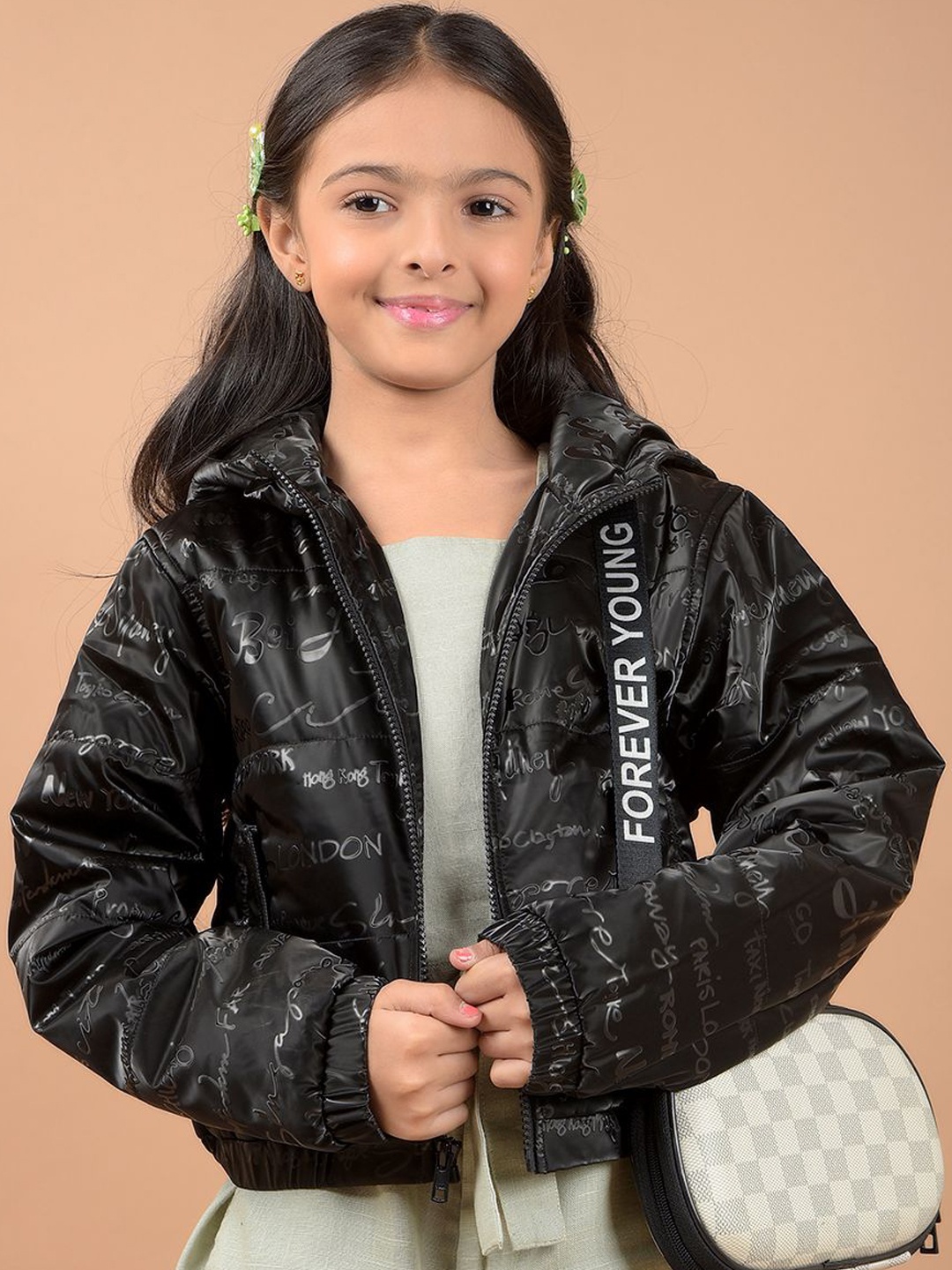 

Crimsoune Club Girls Typography Printed Hooded Padded Jacket, Black
