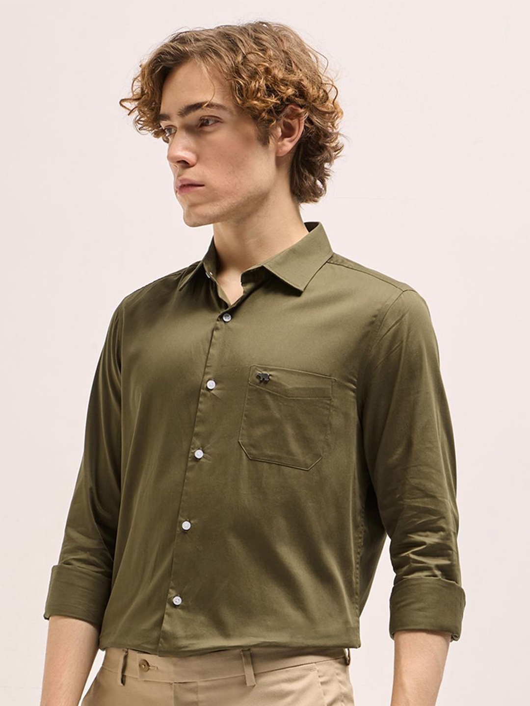 

THE BEAR HOUSE Men Tailored Fit Cotton Formal Shirt, Olive