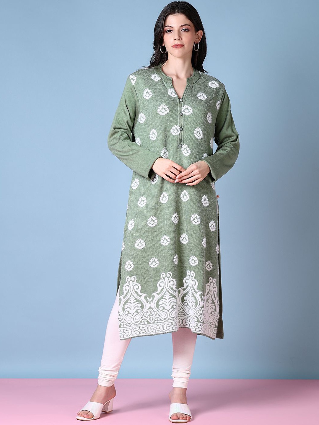 

V-Mart Ethnic Motifs Printed Mandarin Collar Straight Cotton Kurta, Green