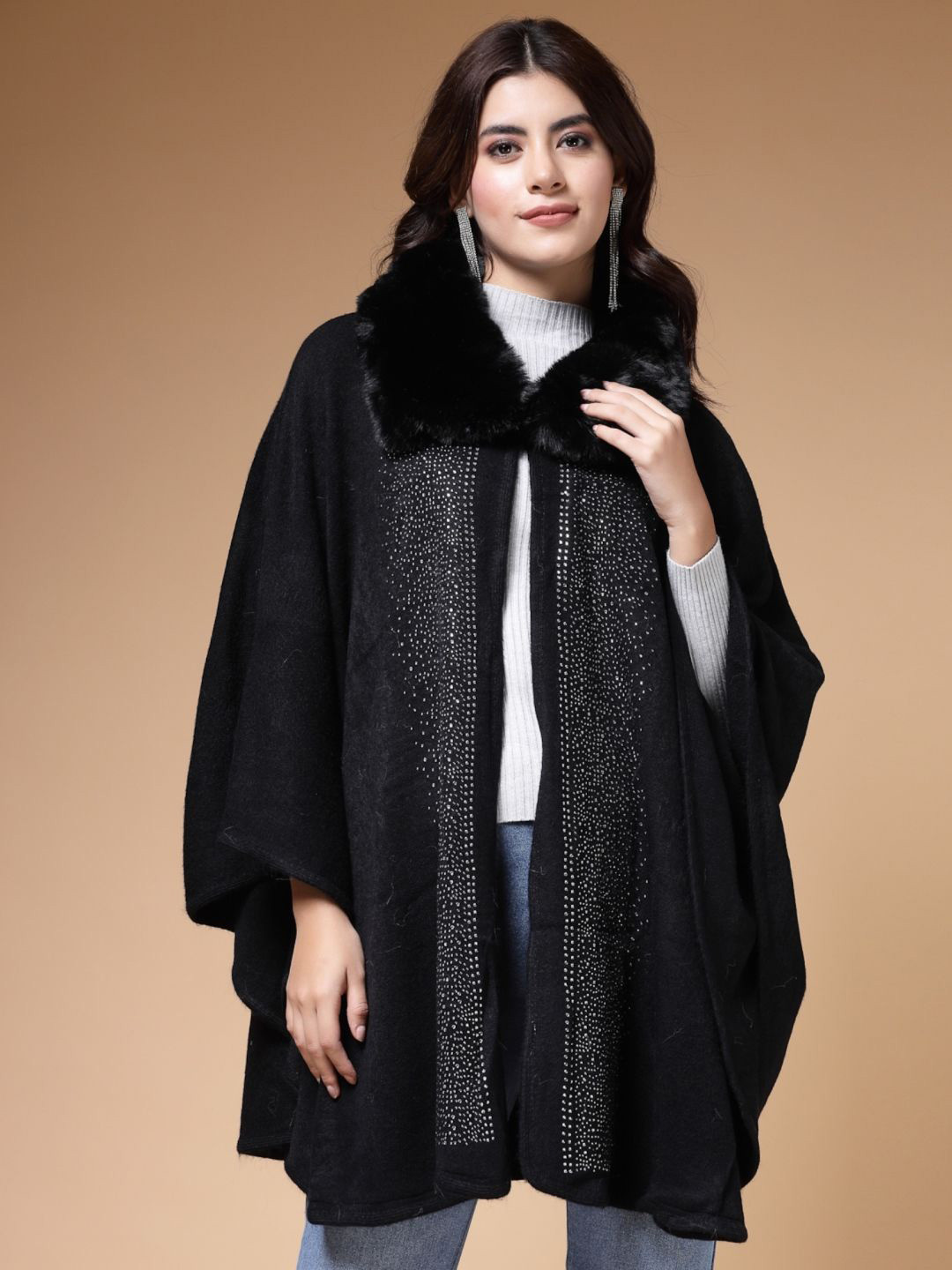 

Mafadeny Women Self Design Longline Poncho Sweaters, Black