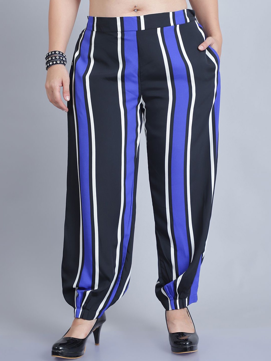 

Baawri Women Striped Mid-Rise Regular Fit Regular Trousers, Blue