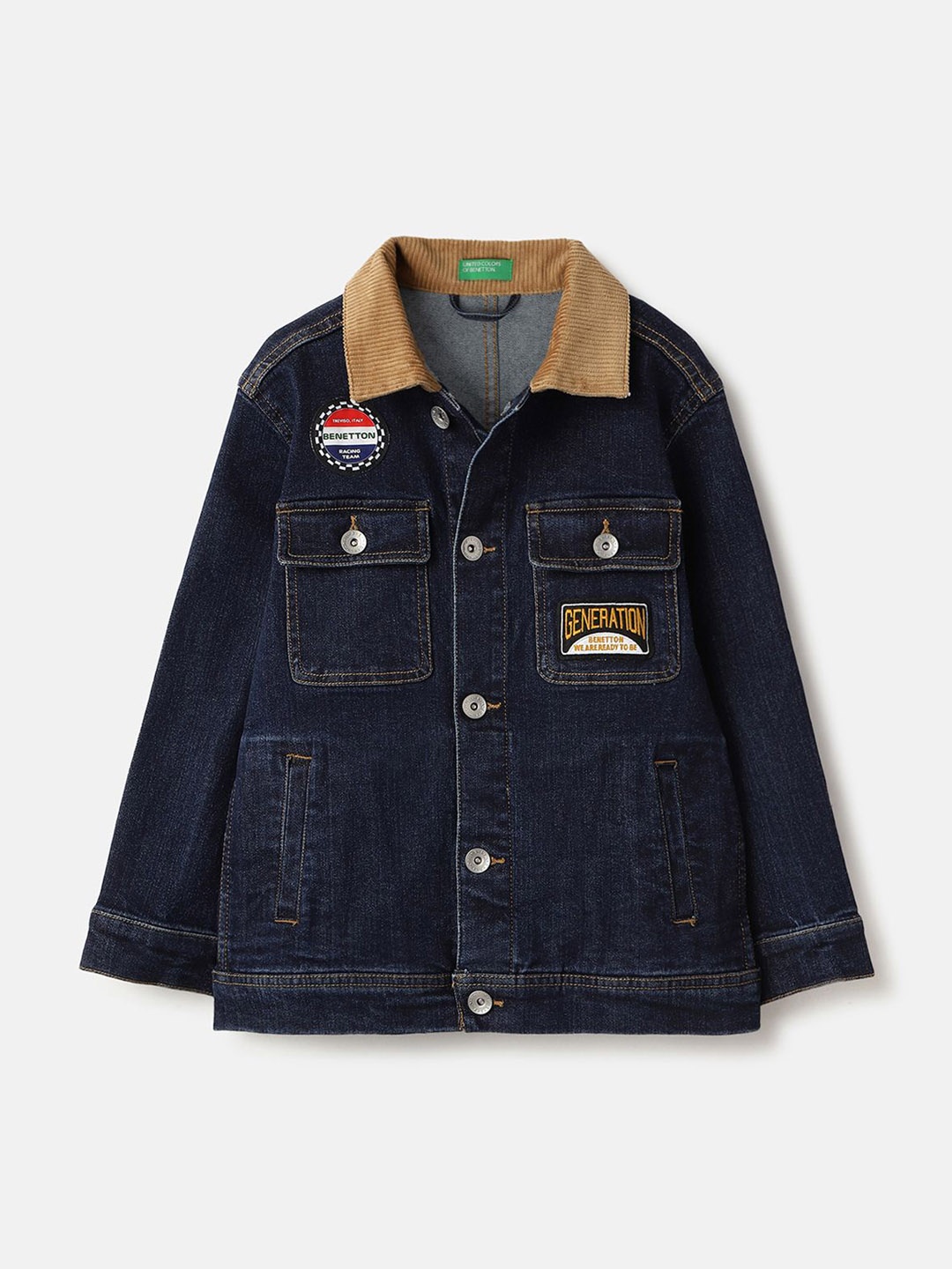 

United Colors of Benetton Boys Washed Denim Jacket with Patchwork, Navy blue