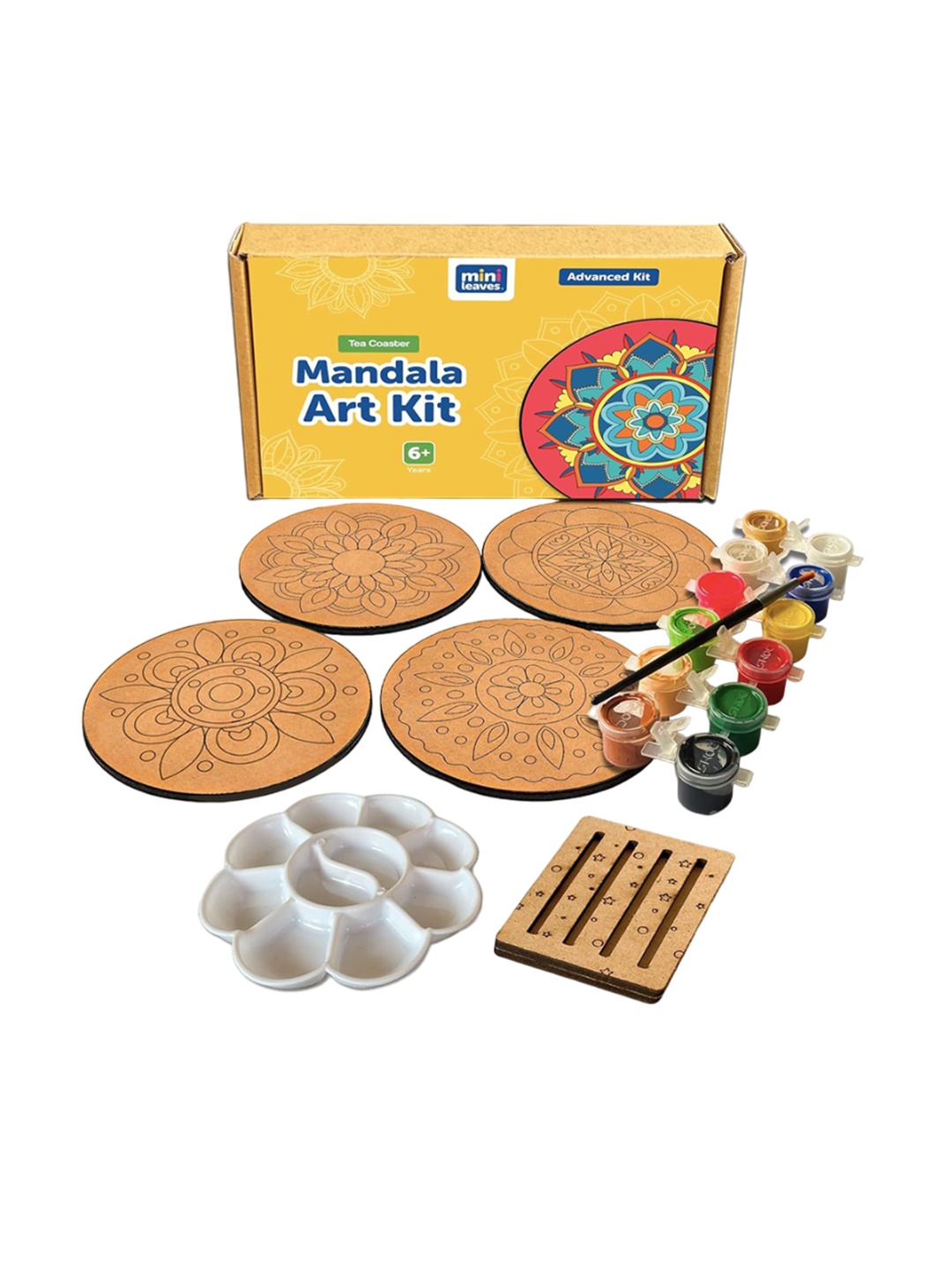 

Mini Leaves Kids Wooden Tea Coaster Mandala Art Kit With Paint Brush & Palette, Brown