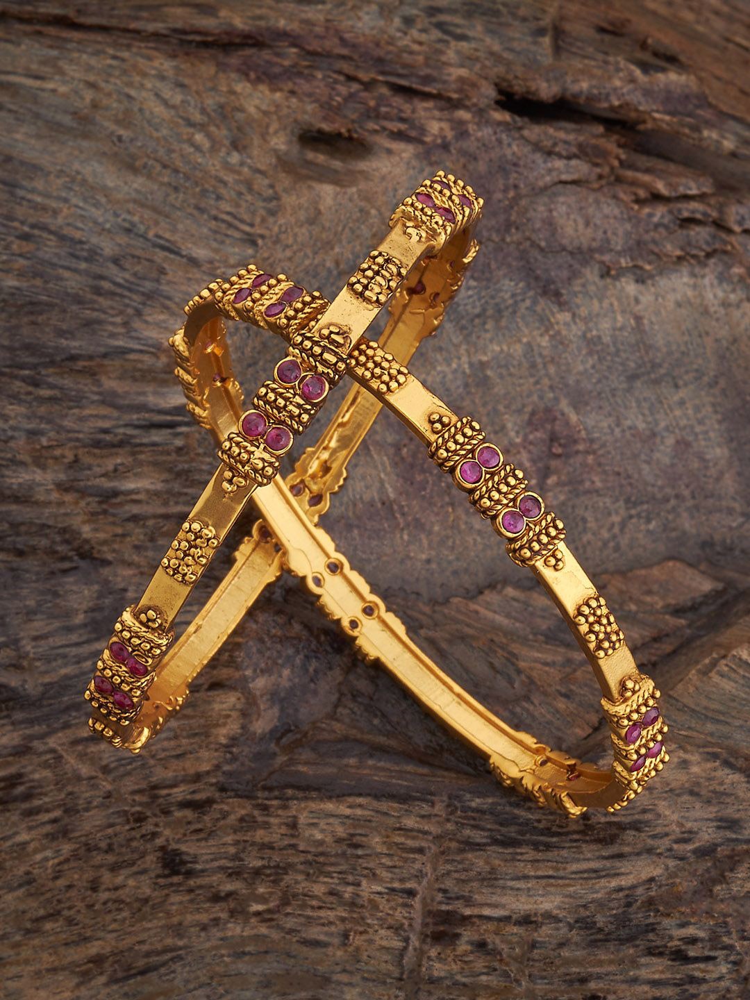 

Kushal's Fashion Jewellery Set Of 2 Gold-Plated Stone-Studded Antique Bangles