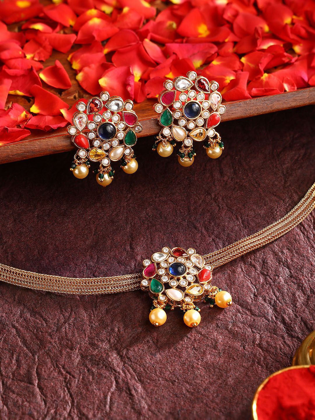 

Priyaasi Gold-Plated Navaratna Floral Attigai Pattern Studded & Beaded Jewellery Set