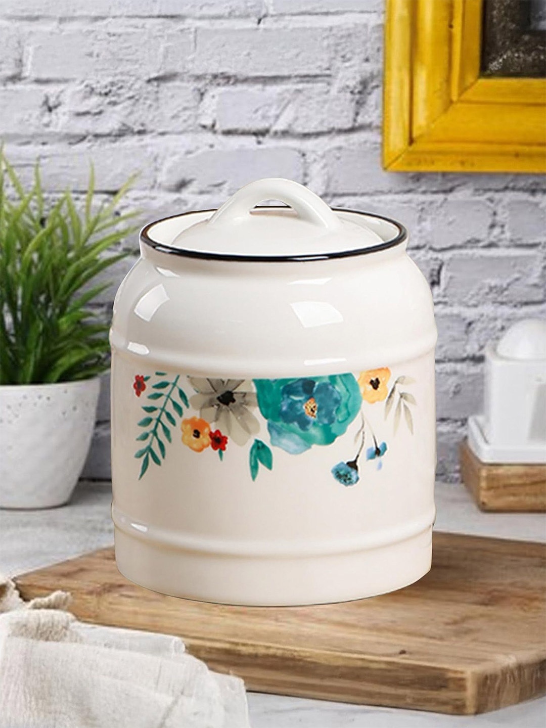 

Ekhasa White & Blue Floral Printed Ceramic Canister Container With Lid - 1400 ml
