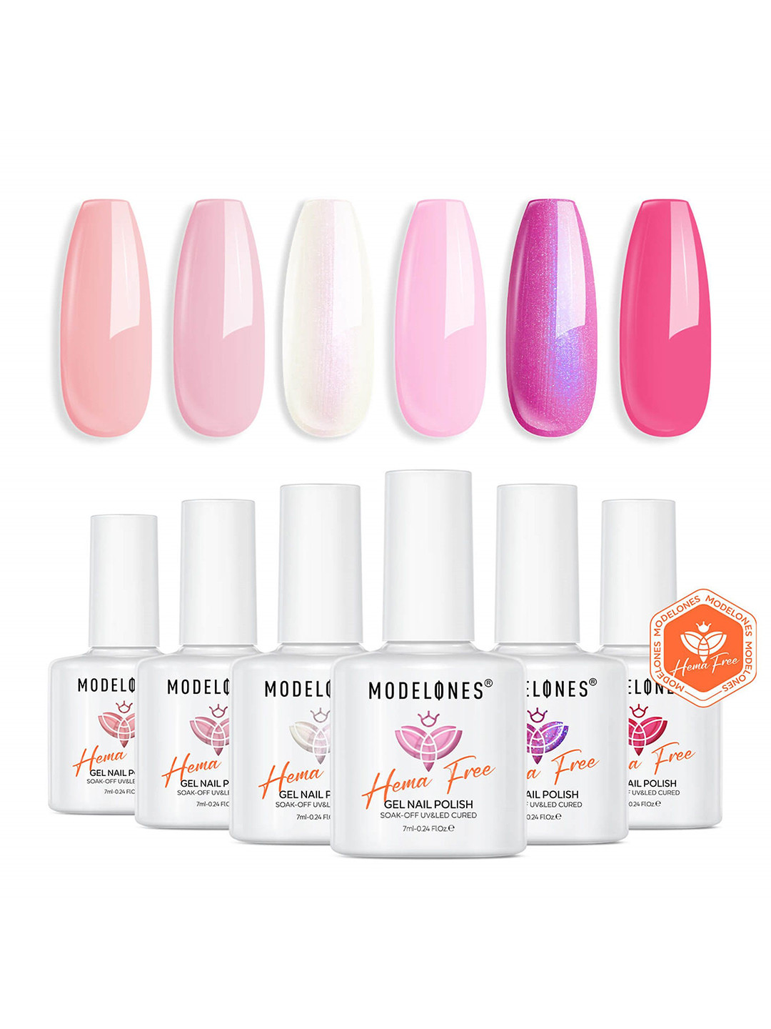 

Modelones Set Of 6 Love River Hema-Free Soak- Off UV & LED Cured Nail Polish- 7 ml Each, Pink