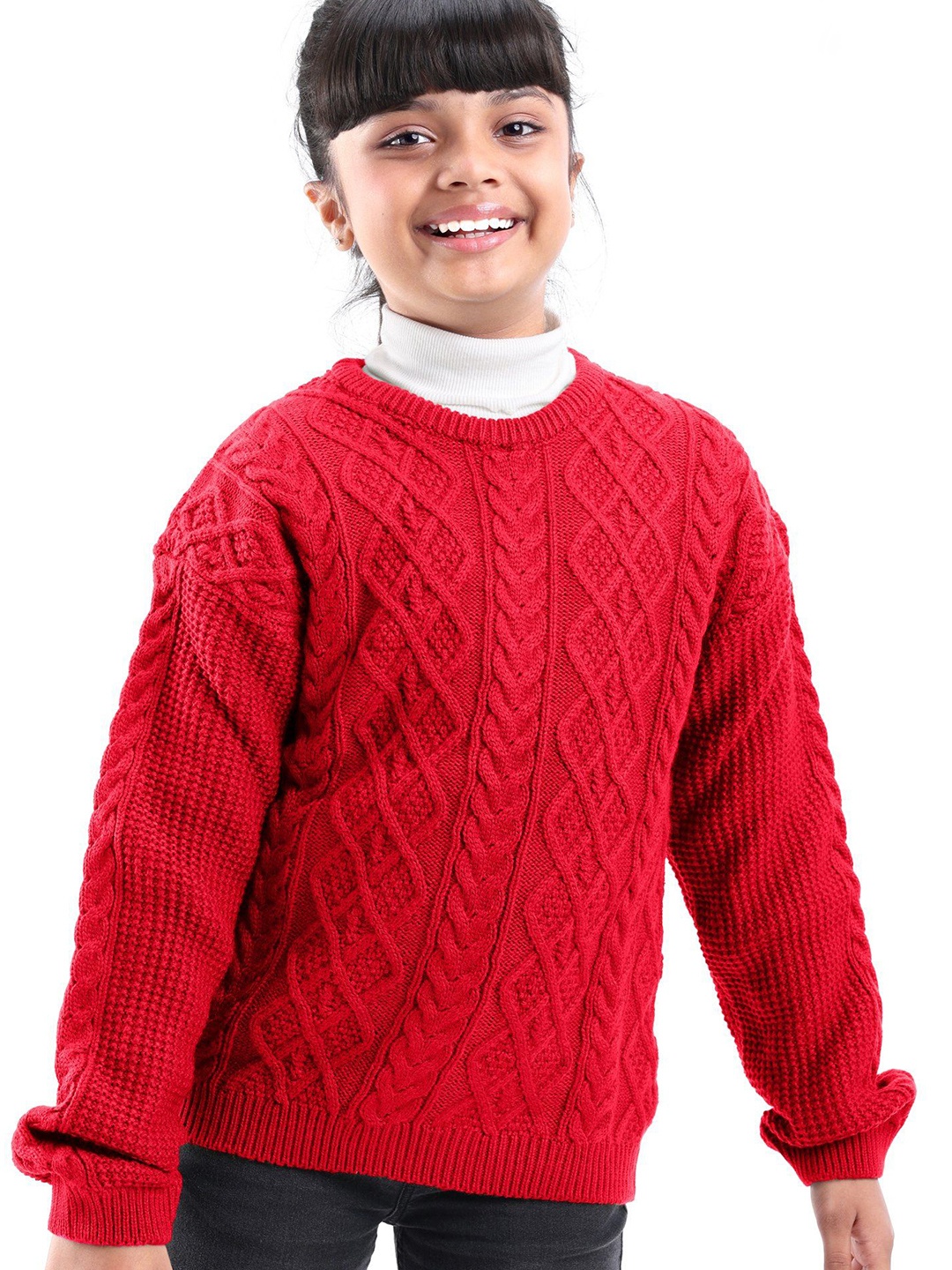 

Honeyhap Kids Cable Knit Round Neck Long Sleeves Pullover, Red