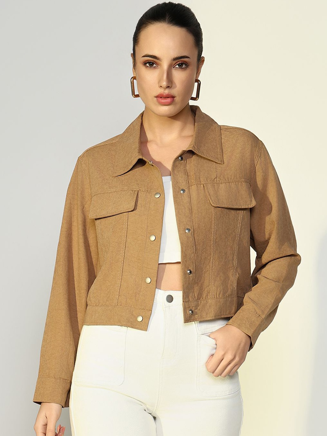 

SHOWOFF Cropped Windcheater Open Front Jacket, Beige