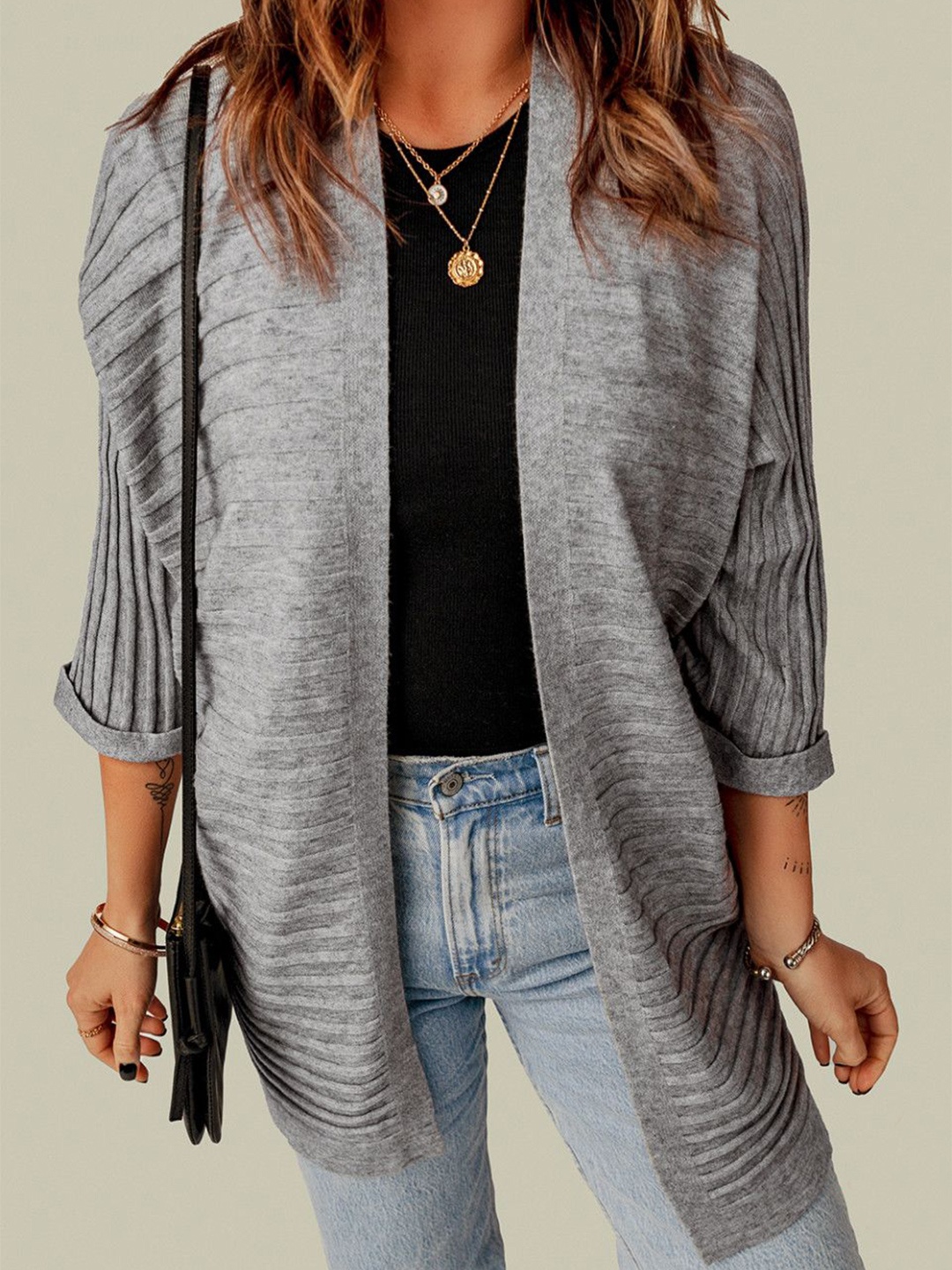 

StyleCast Women Self Design Shawl Collar Long Sleeves Longline, Grey