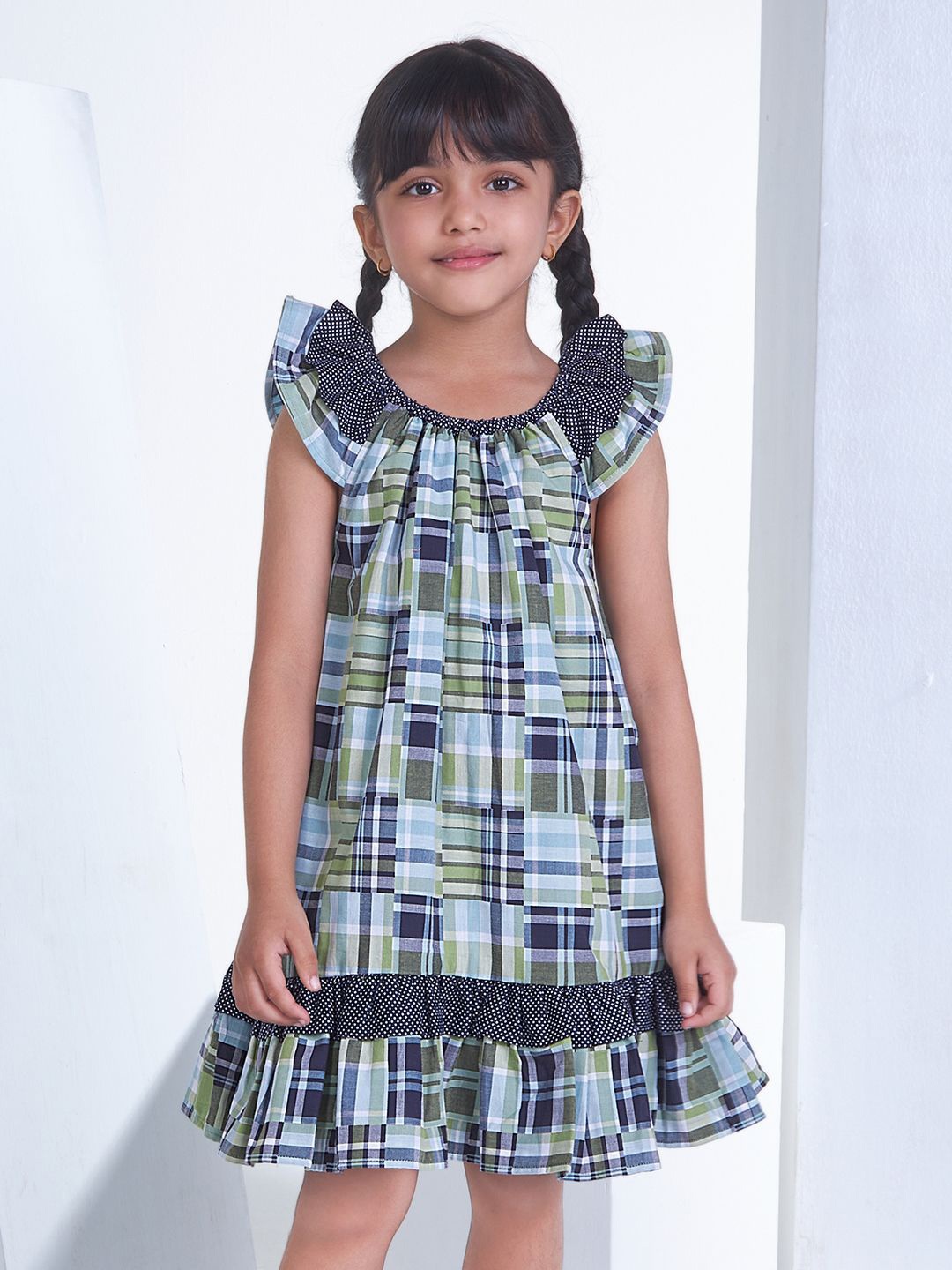 

Soleilclo Girls Cotton Checked Flutter Sleeve A-Line Dress, Turquoise blue