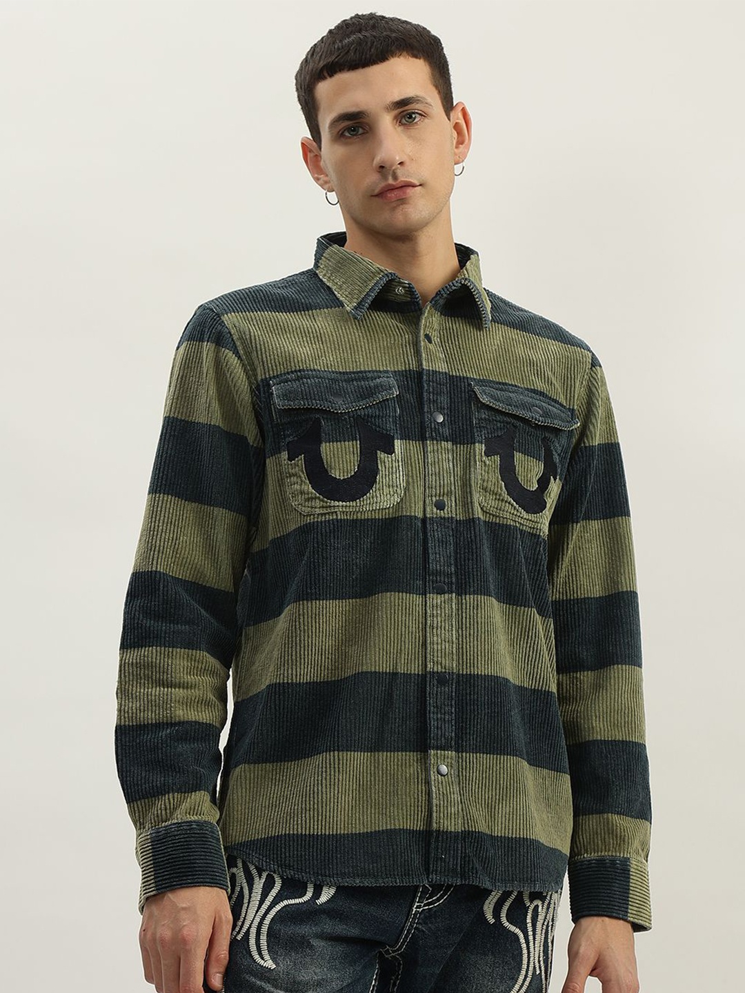 

True Religion Pure Cotton Corduroy Striped Casual Shirt, Green