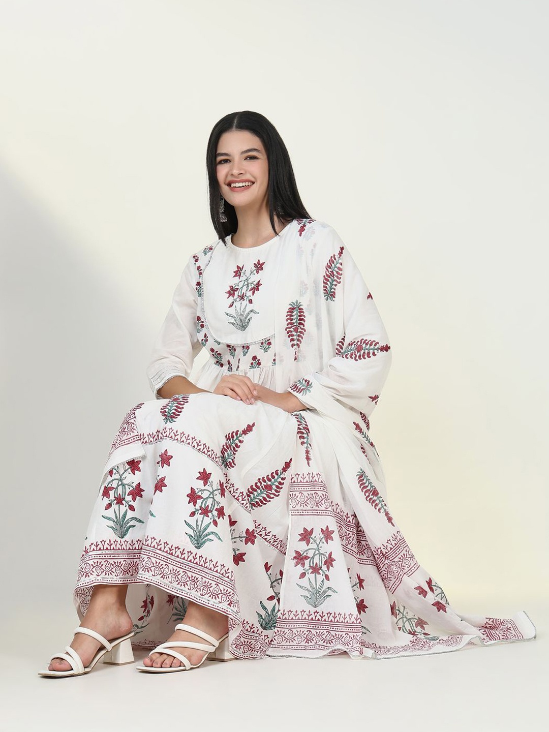 

SHOWOFF Ethnic Motifs Printed Sequinned Anarkali Kurta With Trousers & Dupatta, White