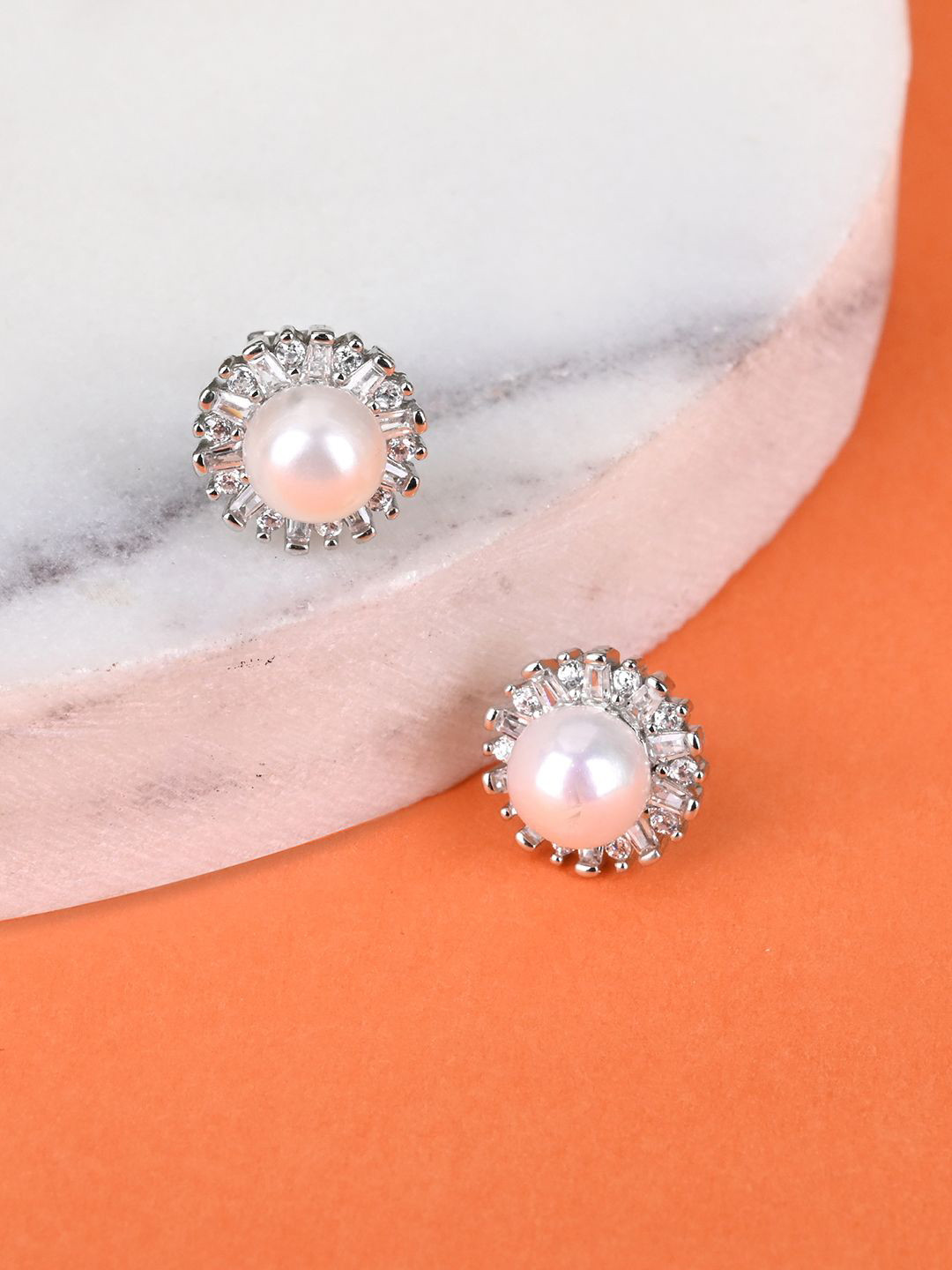 

TOUCH925 Pure Silver Stone Studded & Pearls Beaded Circular Studs