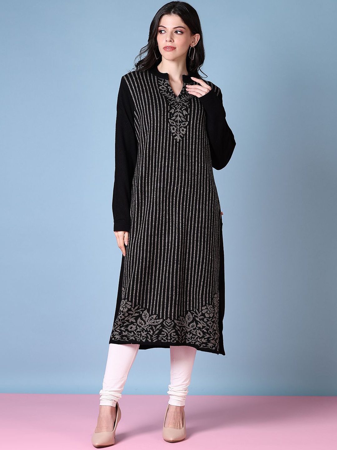 

V-Mart Striped Printed Mandarin Collar Straight Cotton Kurta, Black