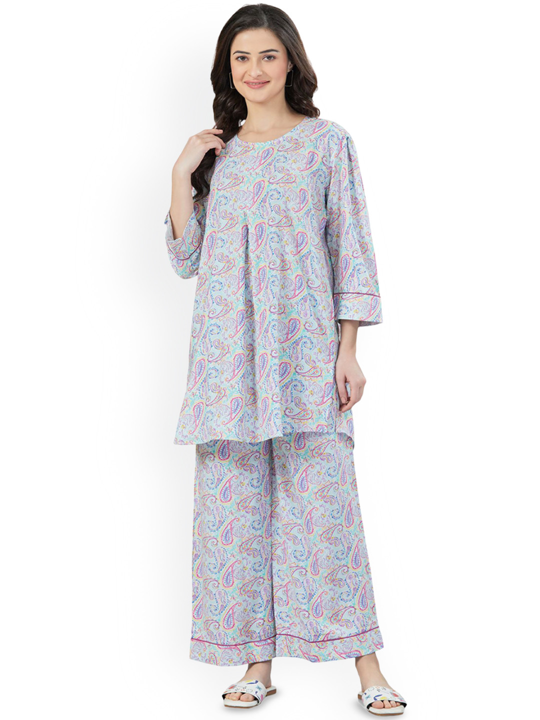 

July Women Printed Round Neck Night suit, Peach