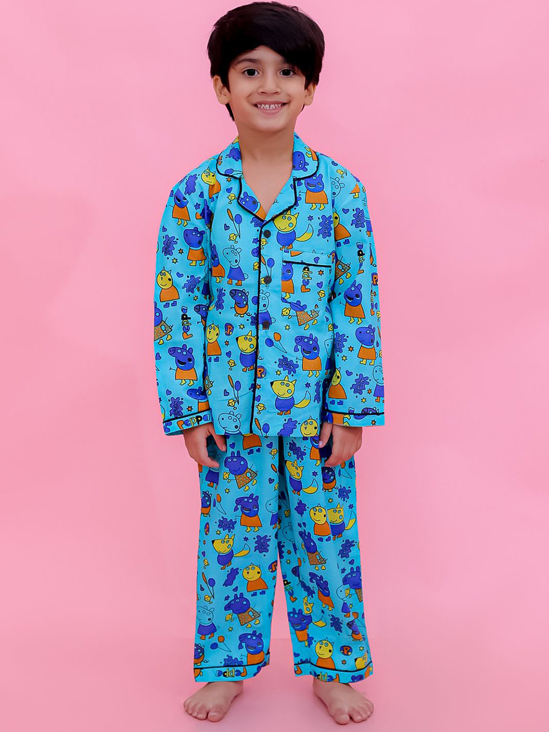 

UNBIND Printed Shirt Collar Pure Cotton Night Suit, Blue