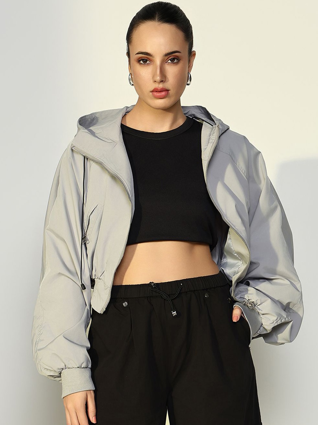 

SHOWOFF Women Windcheater Crop Bomber Jacket, Grey