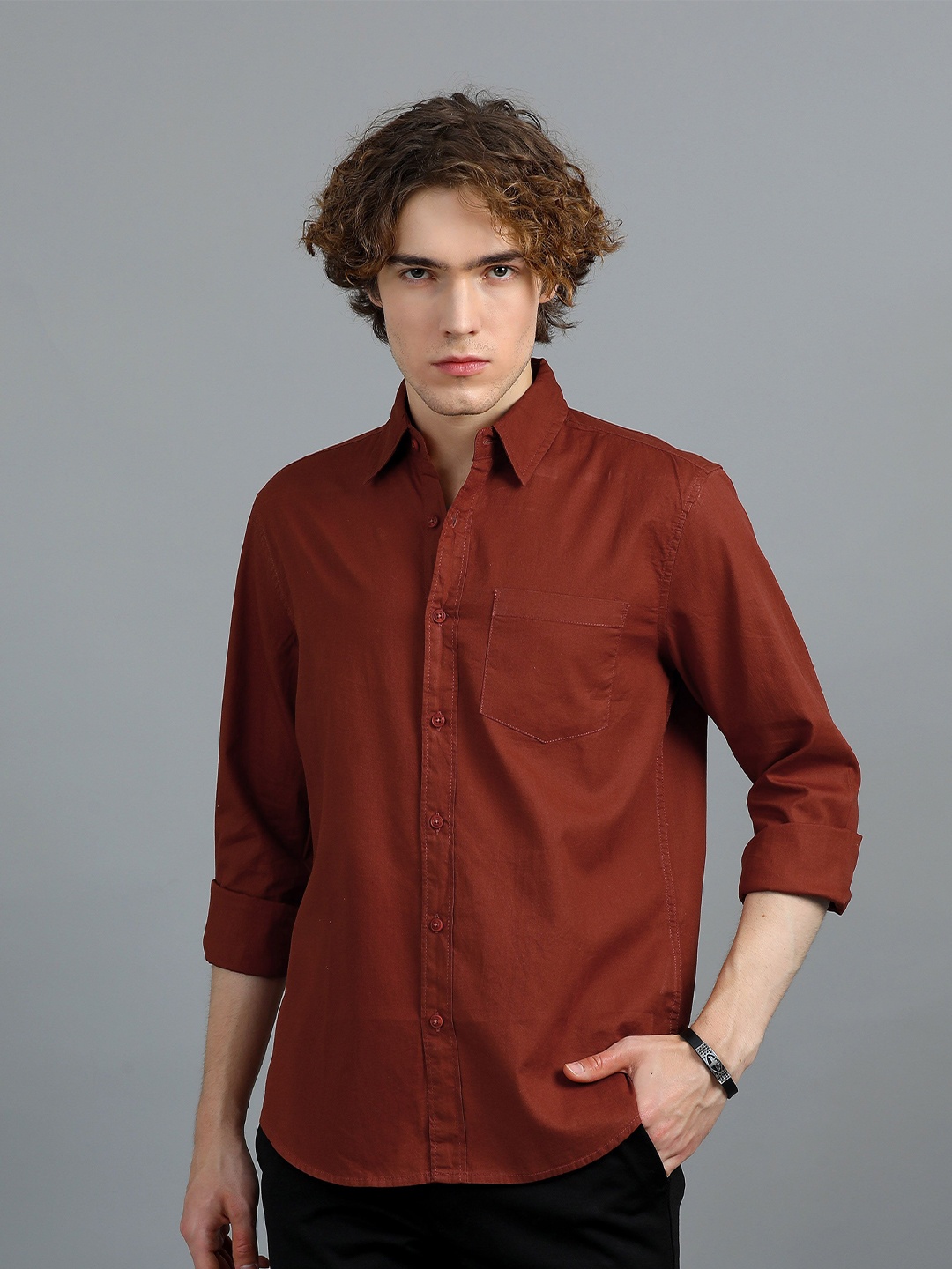 

SILISOUL Men Classic Spread Collar Solid Cotton Casual Shirt, Rust