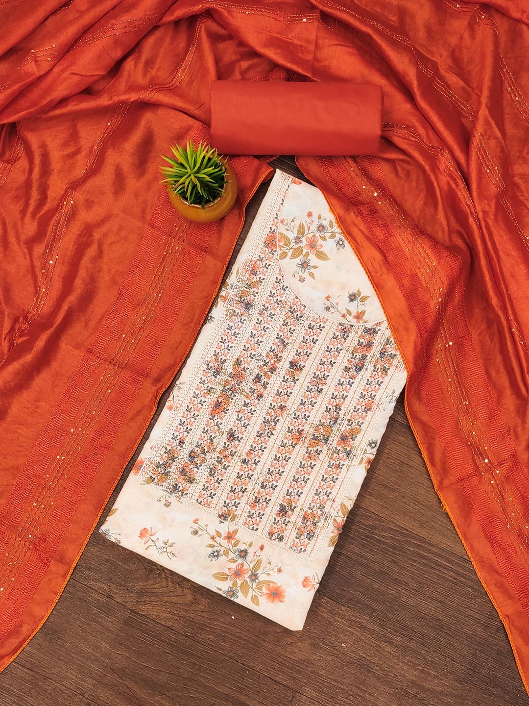 

Maroosh Floral Printed Thread Work Unstitched Dress Material, Beige