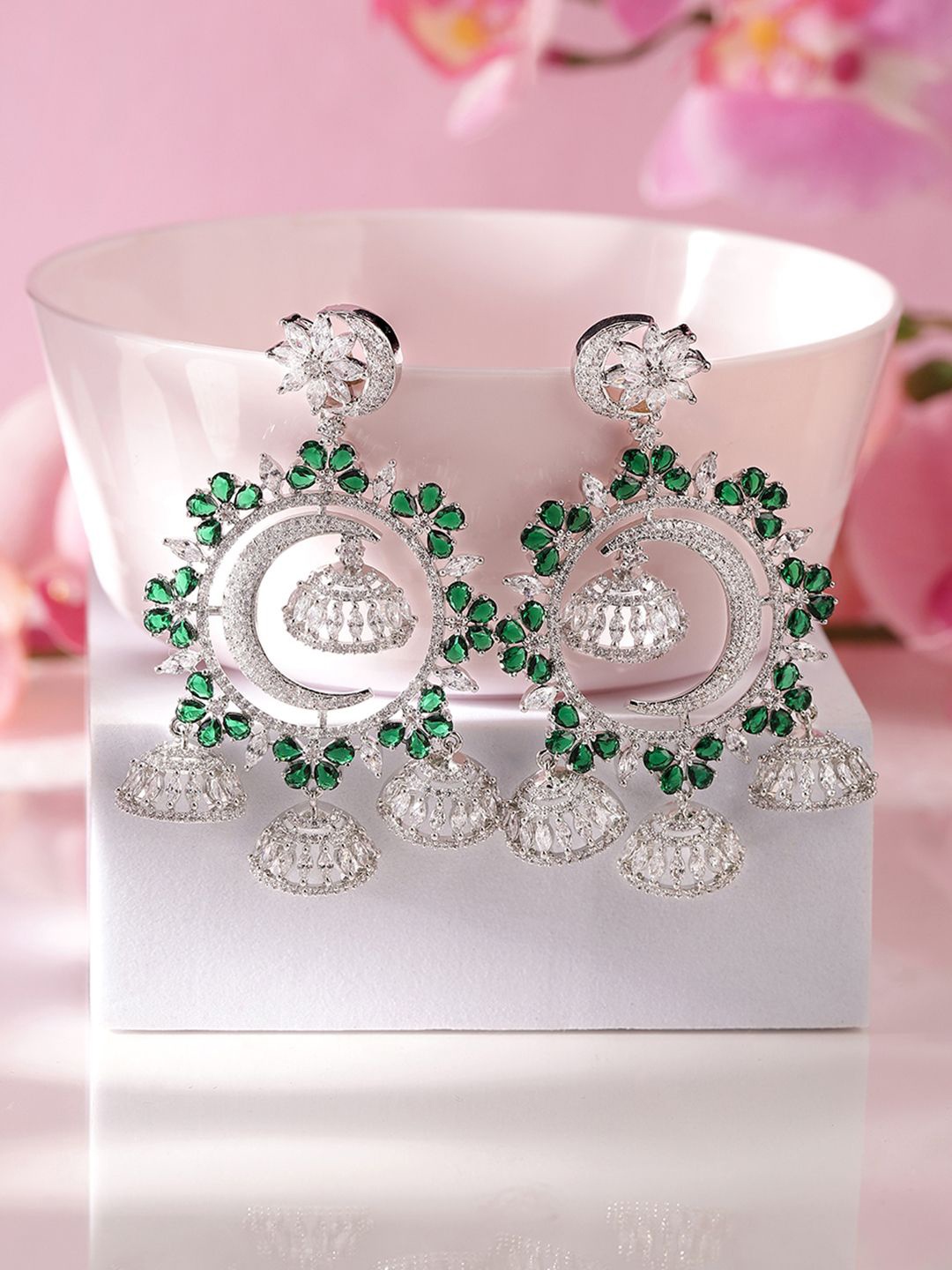 

Priyaasi Silver-Plated American Diamond Stone Studded Dome Shaped Jhumkas