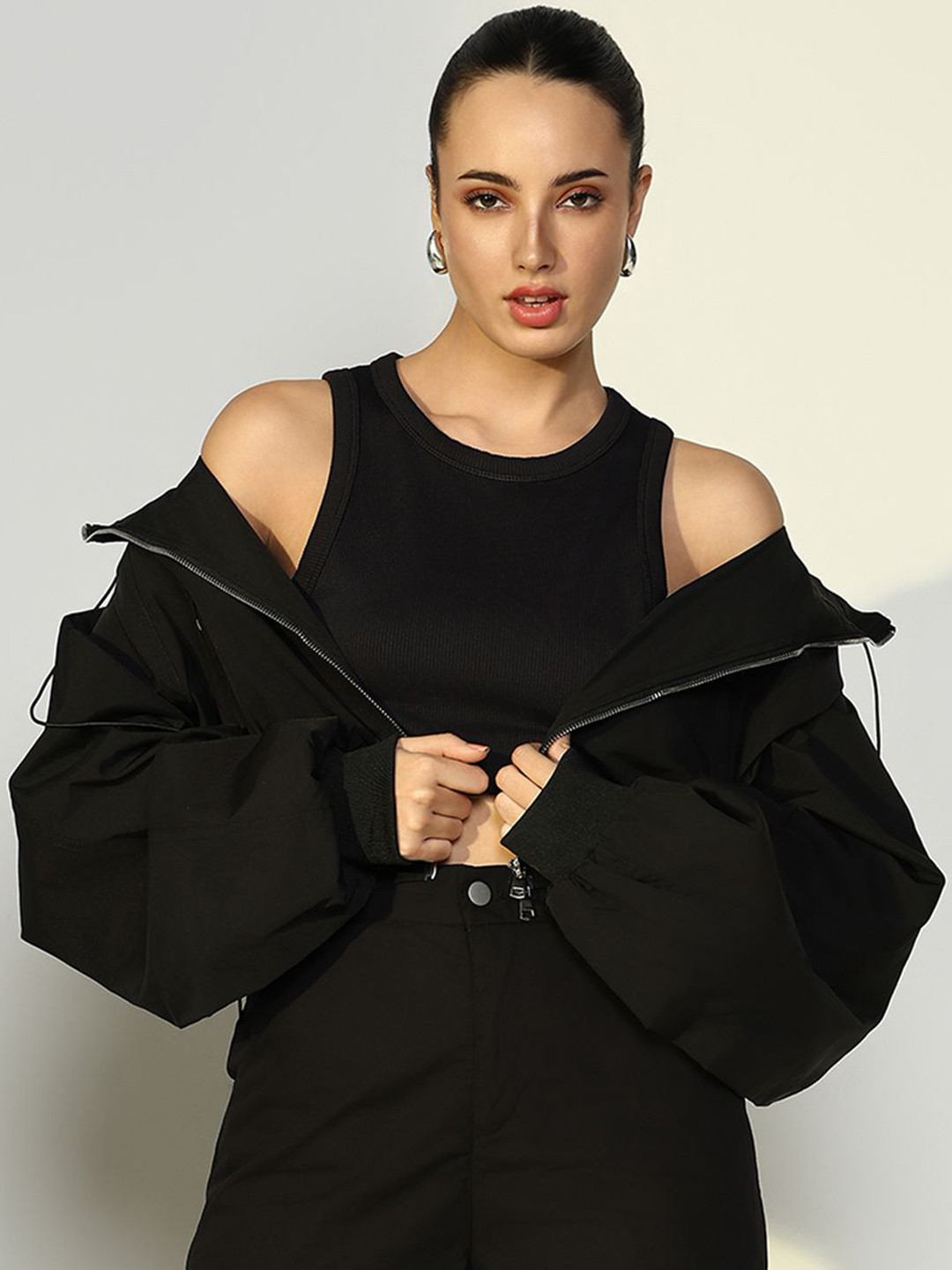 

SHOWOFF Women Hooded Crop Bomber Jacket, Black