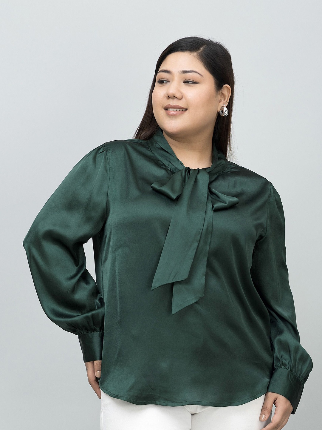 

PURYS PLUS Women Plus Size Tie-Up Neck Shirt Style Top, Green