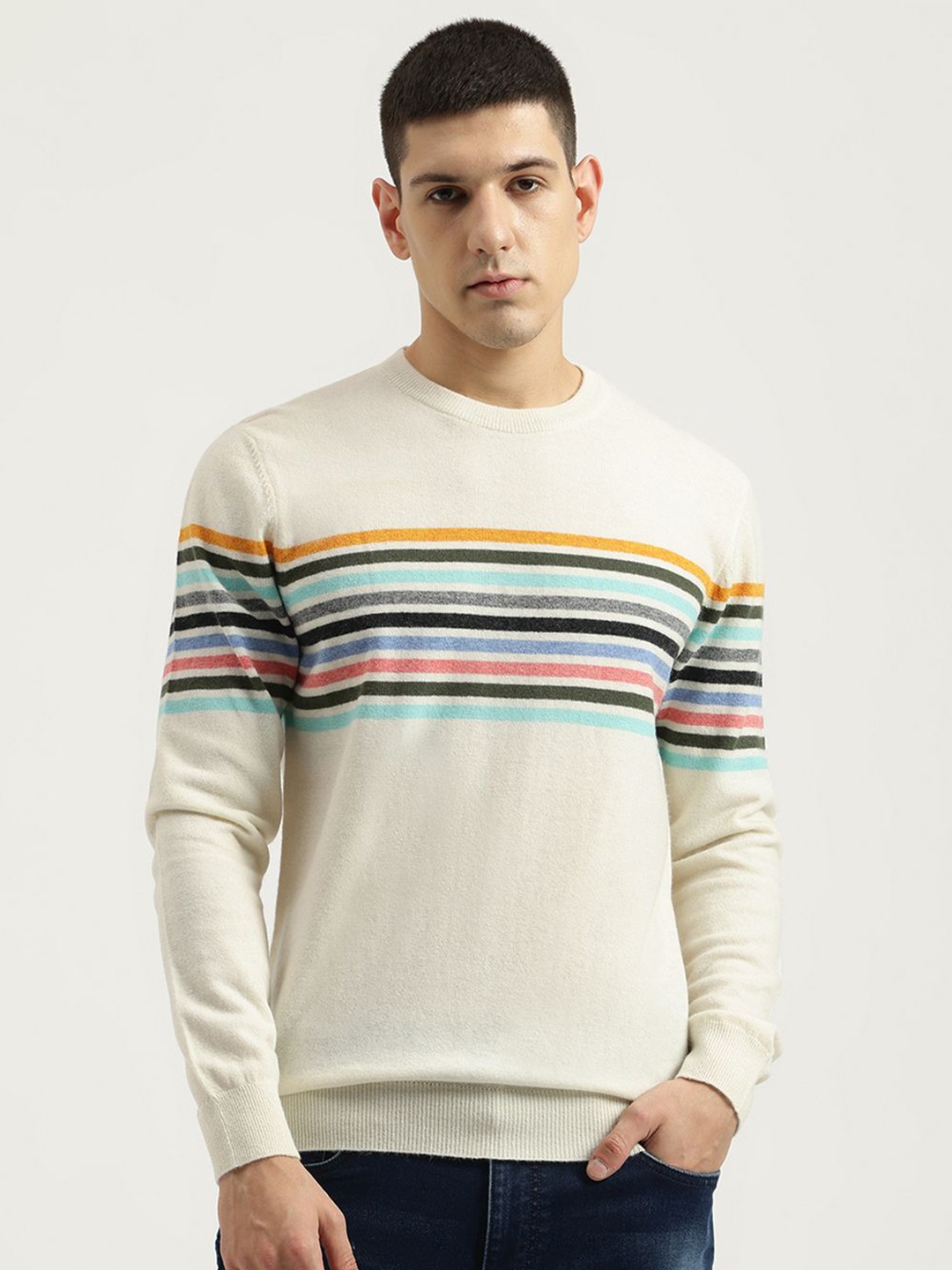 

United Colors of Benetton Men Round Neck Striped Woollen Pullover, White