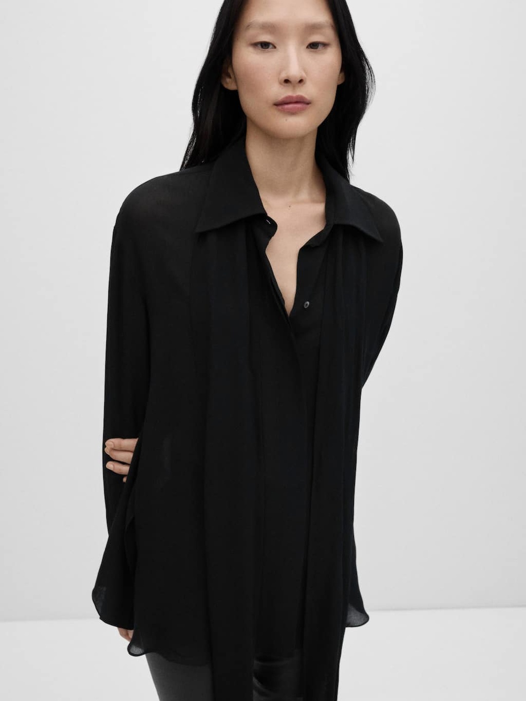 

MANGO Cuffed Sleeves Shirt Style Top, Black