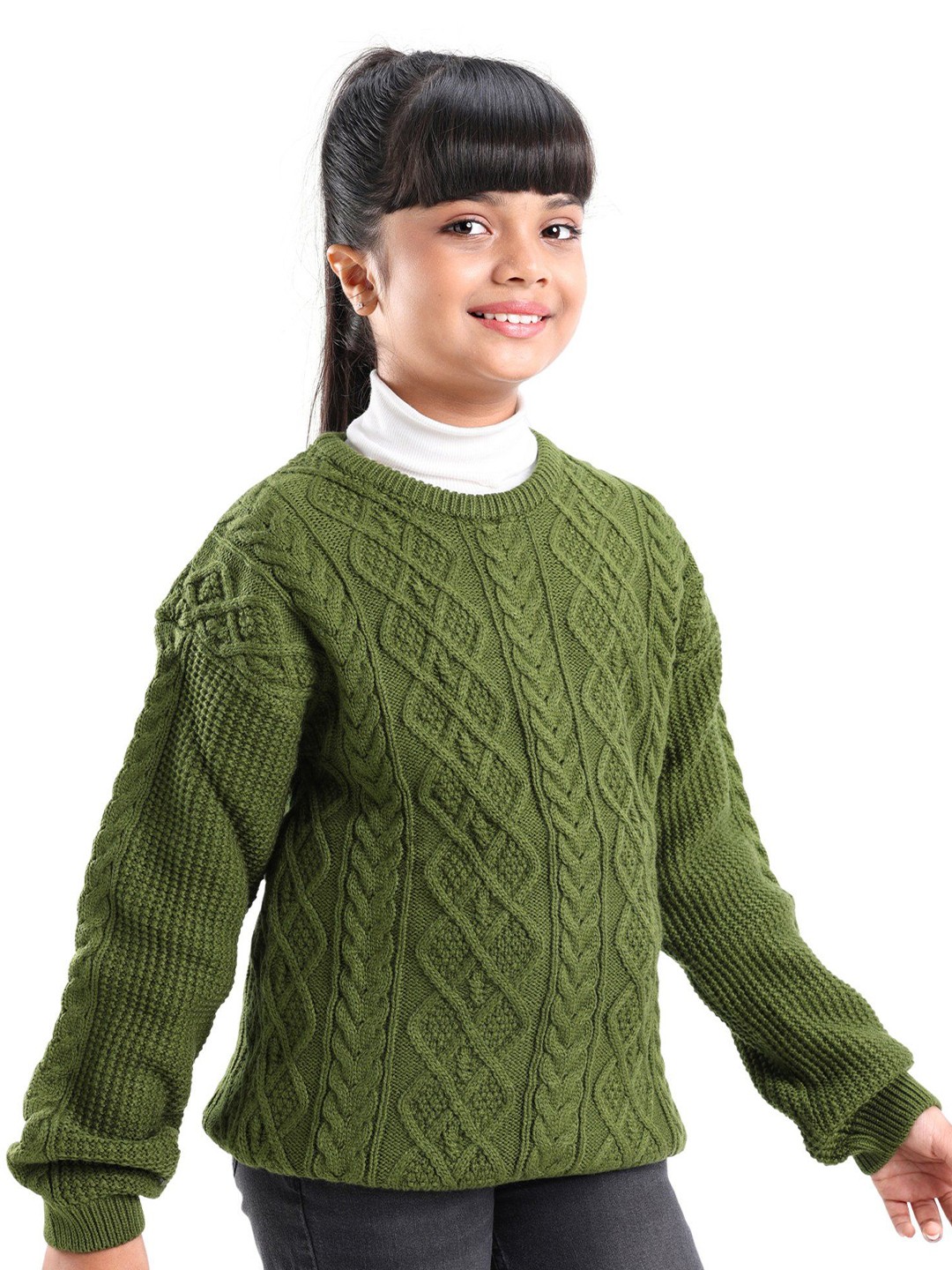 

Honeyhap Kids - Unisex Self Design Round Neck Cable Knit Pullover, Olive