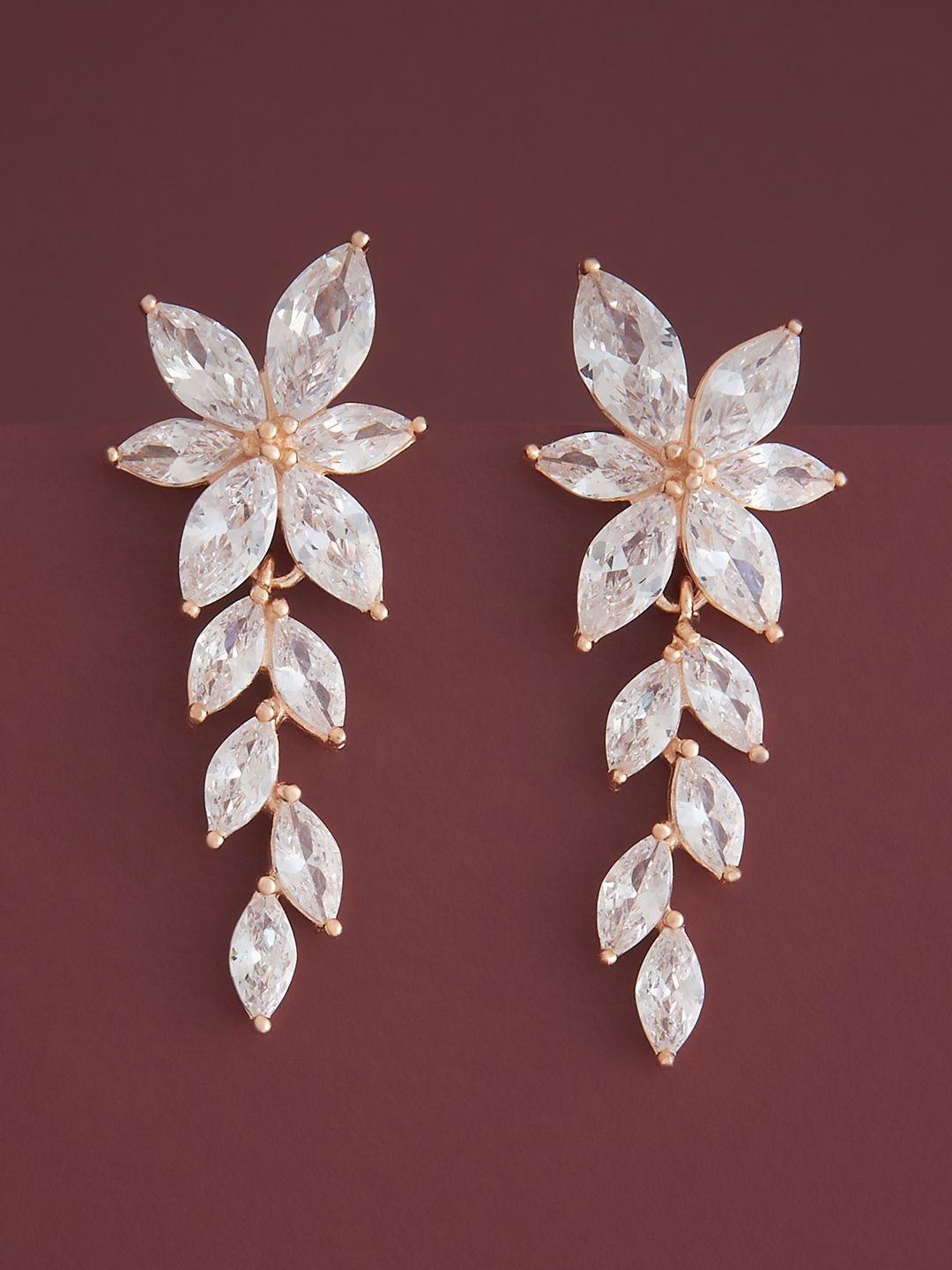 

Kushal's Fashion Jewellery Rose Gold-Plated Silver Zircon Leaf Shaped Drop Earrings