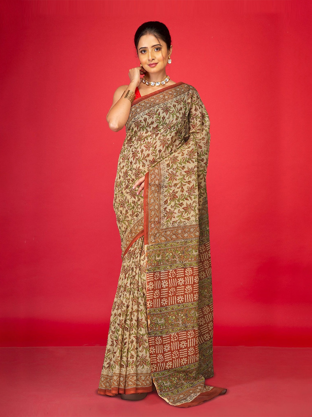 

Unnati Silks Pure Cotton Kalamkari Printed Kota Saree, Cream