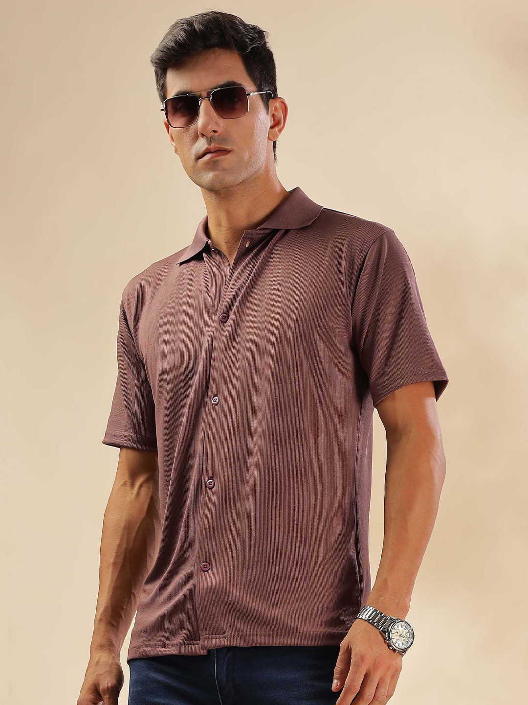 

HERE&NOW Men Spread Collar Textured Slim Fit Casual Shirt, Brown
