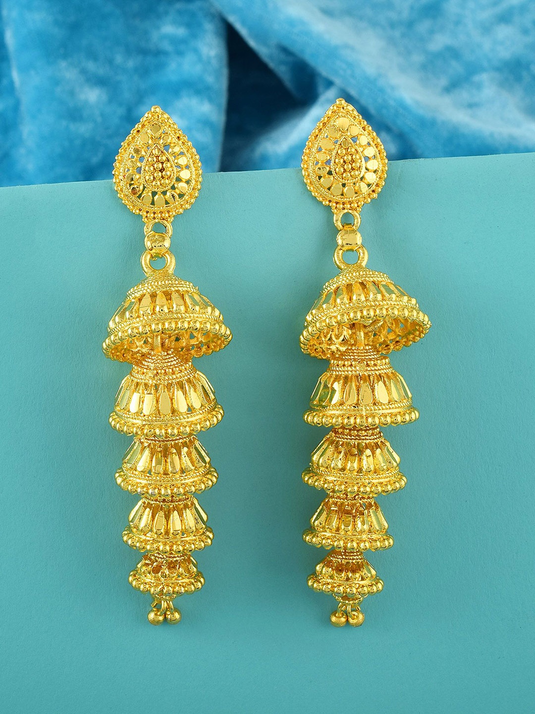 

MEMOIR Gold-Plated Dome Shaped Five Steps Long Jhumkas